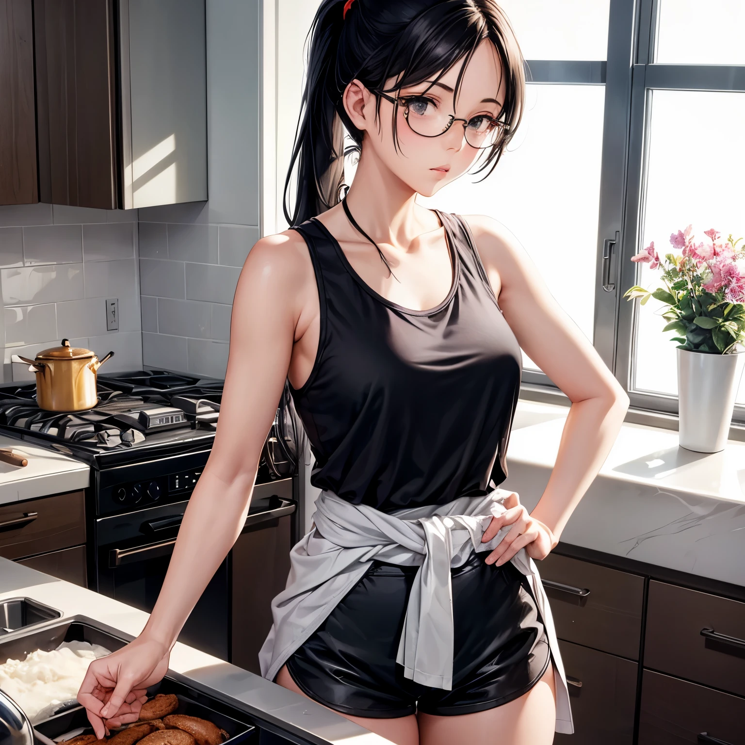 1 girl, wearing eyeglasses, Wearing a long black tank top, wearing white shorts, In the kitchen, having tie her black hair in a ponytail, Looks horny