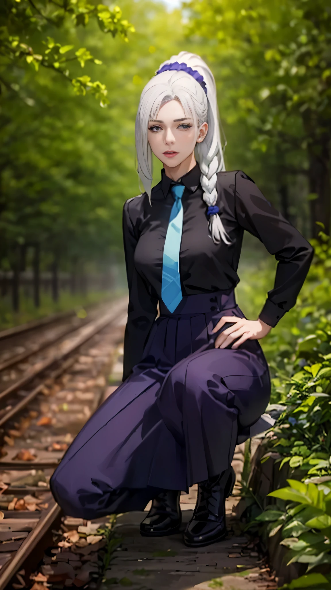 photorealistic, (4k), depth of field, (Masterpiece), (realistic skin texture), extremely detailed, intricate, hyper detailed, professional photography, bokeh, high resolution, sharp detail, best quality, girl, white hair, ponytail, parted bangs, hair ornament, scrunchie, purple eyes, black shirt, grey necktie, dark purple skirt, long skirt, high-waist skirt, bMei, dynamic pose, (sitting parallel to the camera, hand on knee), forest, outdoors, vegetation, plants,