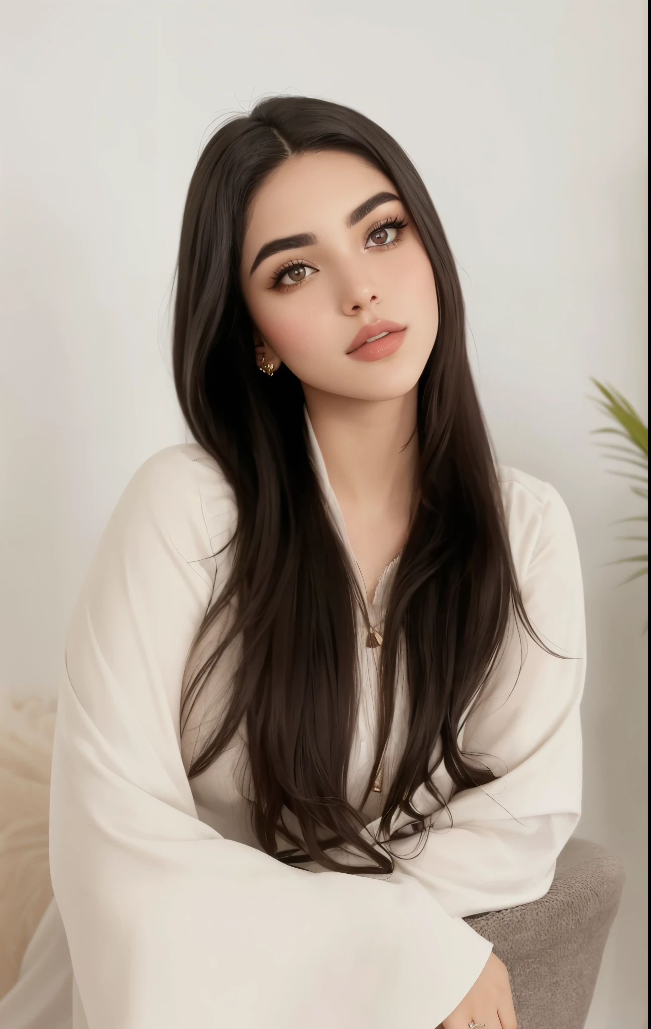 Mujer araffe con cabello largo y oscuro sentada en una silla., ameera griega al taweel, Ameera bronceada al taweel, Anastasia Ovchinnikova, Alina Ivánchenko, foto de una mujer hermosa, pale skin persian girl, mujer joven con cabello largo y oscuro, madison beer girl portrait, cupcake most often