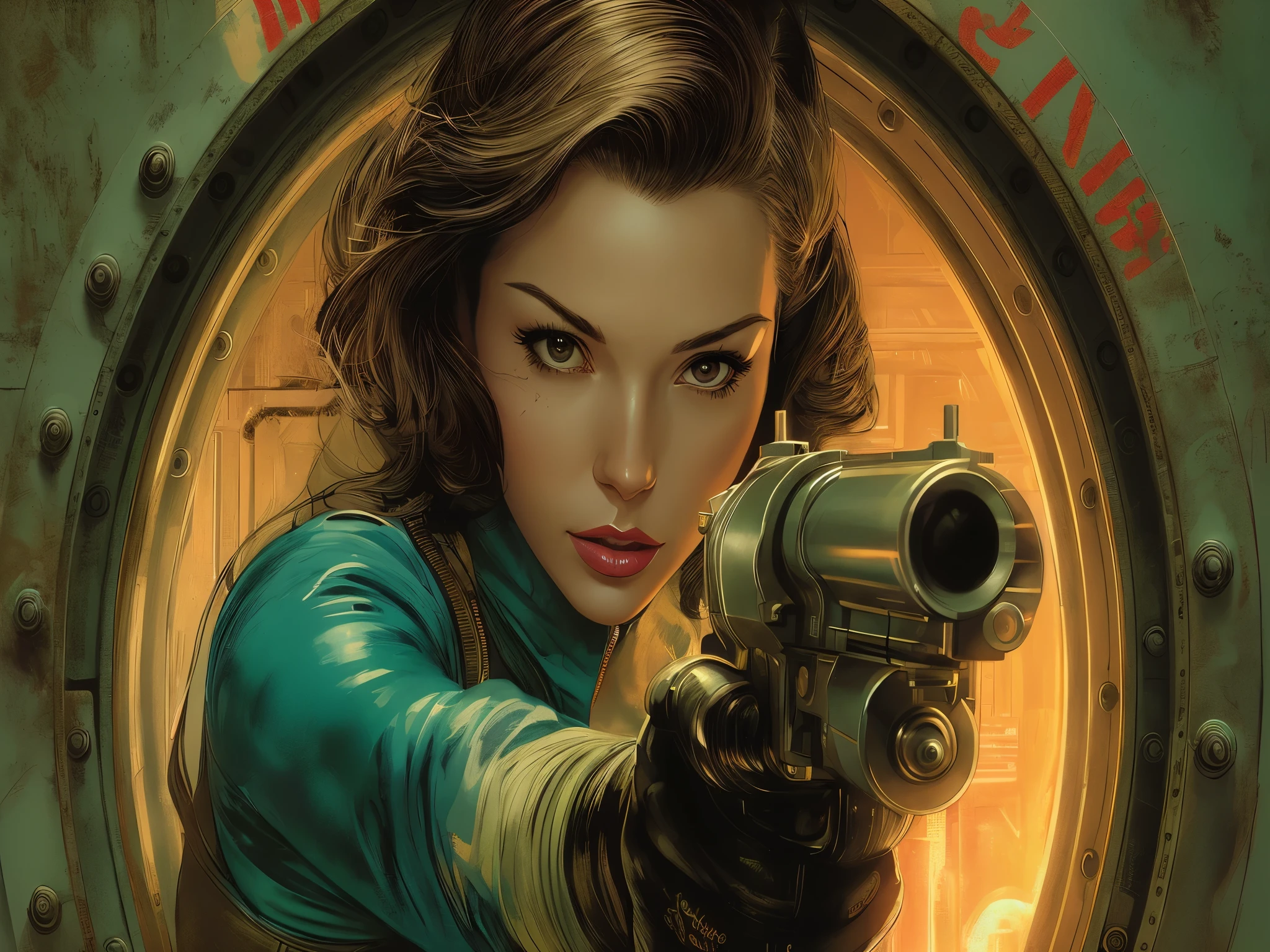 there is a woman holding a gun in a room, martin ansin artwork portrait, artgerm julie bell beeple, martin ansin, stanley artgerm lau, style of stanley artgerm, artgerm and gil elvgren, chris moore. artgerm, by stanley artgerm, artgerm greg rutkowski _ greg