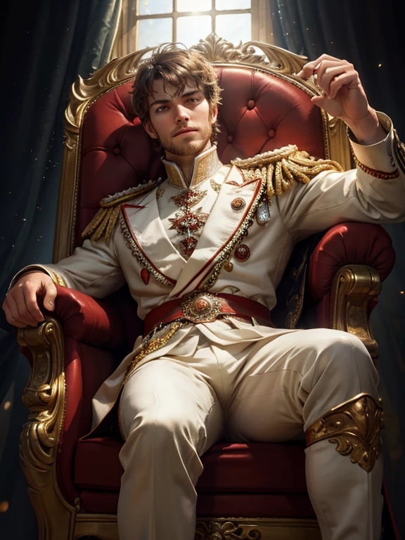 masterpiece, best quality, high resolution, closeup portrait, a beautiful man, a prince, sitting on the throne, legs open, bright light, amazing composition, front view, HDR, volumetric lighting, ultra quality, elegant, highly detailed
