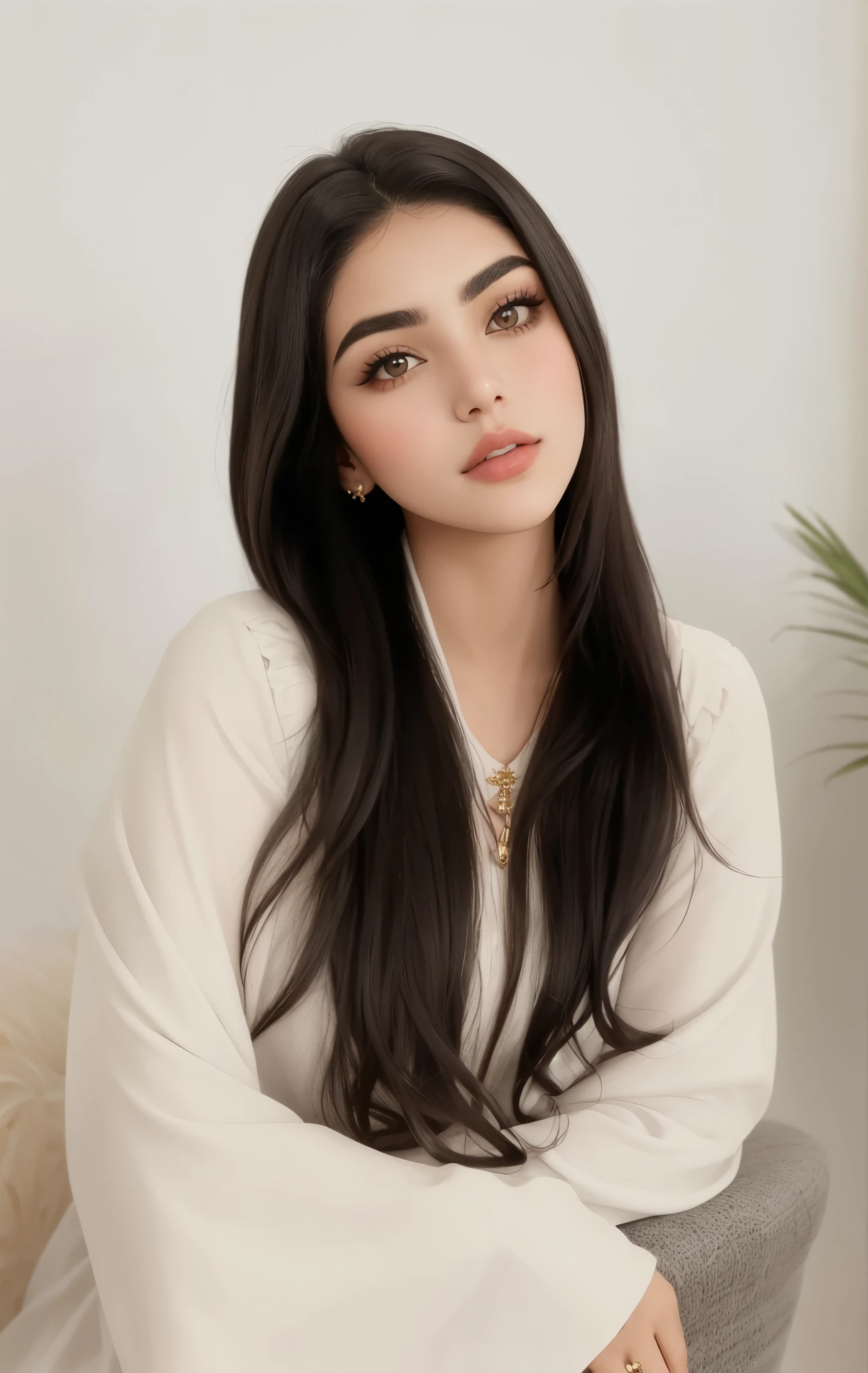 Mujer araffe con cabello largo y oscuro sentada en una silla., ameera griega al taweel, Ameera bronceada al taweel, Anastasia Ovchinnikova, Alina Ivánchenko, foto de una mujer hermosa, pale skin persian girl, mujer joven con cabello largo y oscuro, madison beer girl portrait, cupcake most often