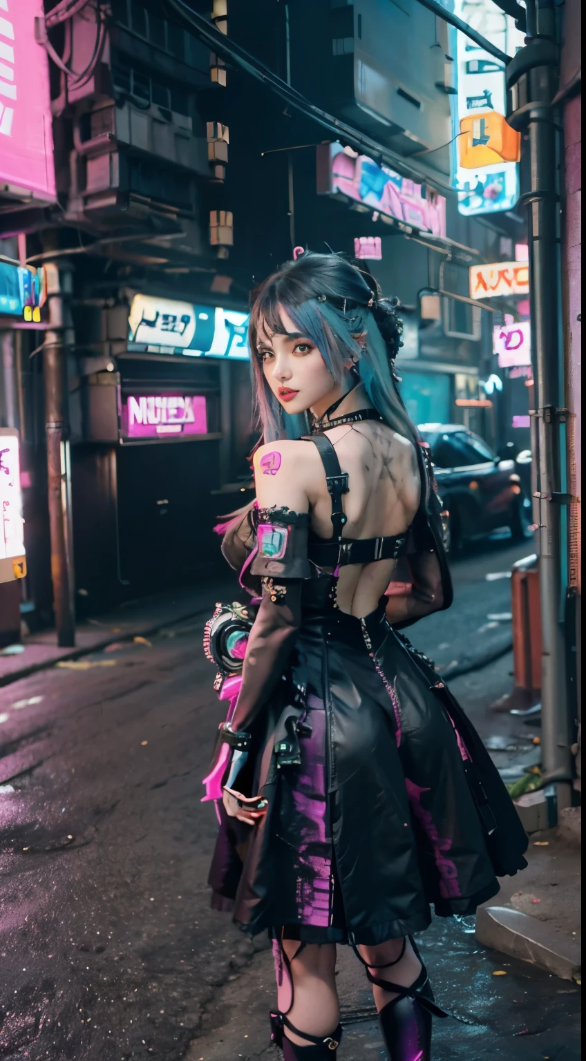 (masutepiece, of the highest quality, Best Quality, Official art, Beautiful and aesthetic:1.2),(1girl in:1.4),Full body,([Pink|Blue] hair:1.5),ighly detailed,(Fractal Art:1.3),(Colorful:1.5),highest details,(Mechanical modification:1.3),(corrected:1.2),Maiden,(A complex mechanical conduit is inserted into the back:1.5),catheter,(Neon background:1.4),(Neon City:1.75),Night,Large breasts,(Gothic_Lolita:1.2),high-heels,(:0.75),makeup,blush,(Cyberpunk:1.4),((Looking at Viewer:1.3)),((Looking back)),Sofia Boutella, brunette, sun burn, Colossal tits, Nikon D850 Film Stock Photography 4 Kodak Portra 400 Camera F1.6 lens rich colors hyper realistic lifelike texture dramatic lighting unrealengine trending on artstation cinestill 800,
