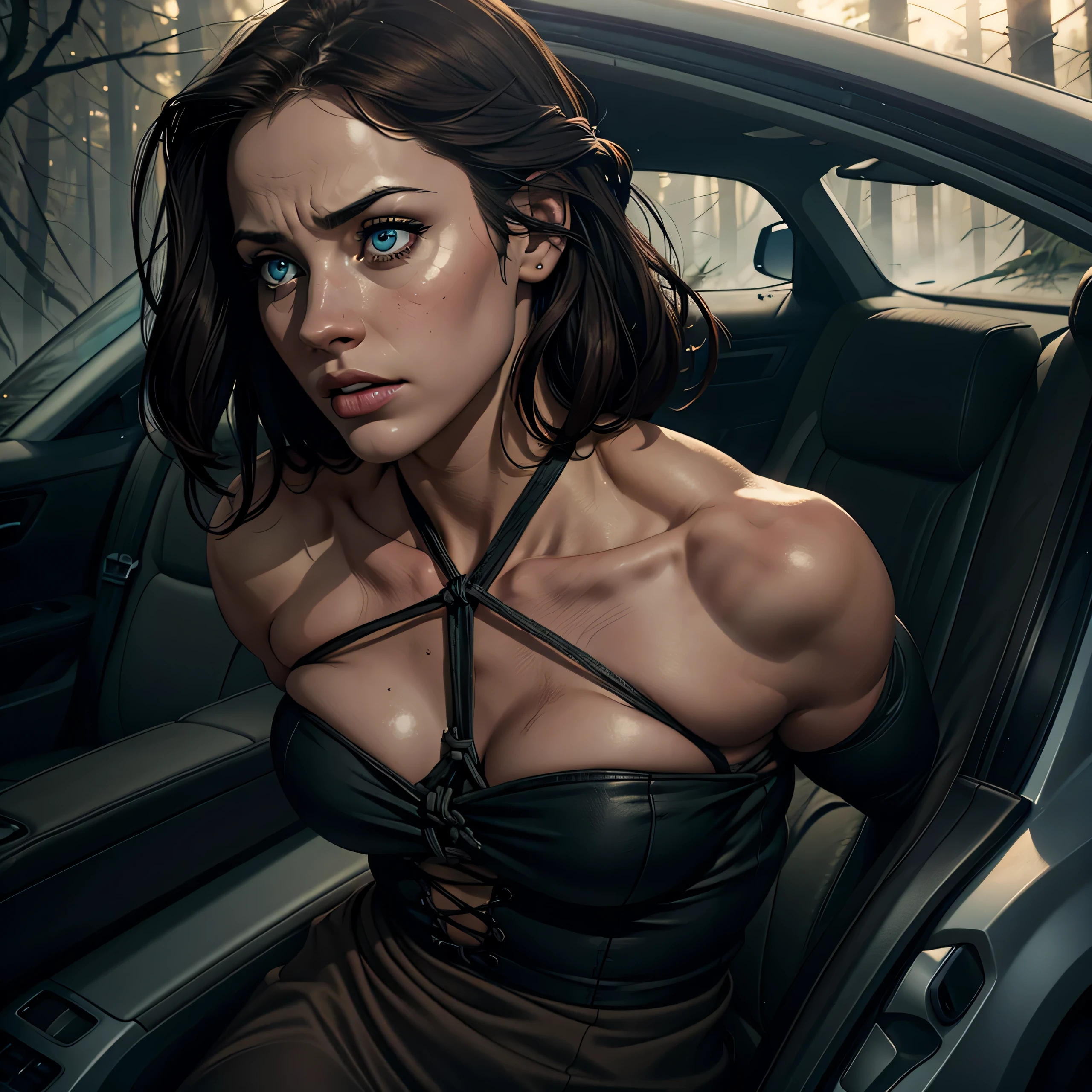 A girl with beautiful detailed eyes, beautiful detailed lips, and extremely detailed face leans into a car with her hands tied behind her back. Her hands are bound together with rope. The girl has a frightened expression on her face, and her body posture shows a sense of desperation. She is wearing a torn and dirty dress, indicating that she has been mistreated. The car is parked on a desolate road, surrounded by dense trees and a dark and gloomy atmosphere.
The scene is depicted with the best quality, 4k resolution, and high-resolution details, enabling every intricate feature to be visible. The lighting is professionally handled, creating a dramatic effect with shadows and highlights. The realistic colors emphasize the somber mood, with a slight desaturation and a hint of blue tones. The portrait showcases the girl's emotions and predicament, capturing her vulnerability and the urgency of the situation.
Please generate a high-quality image that portrays this intense and emotional scene.