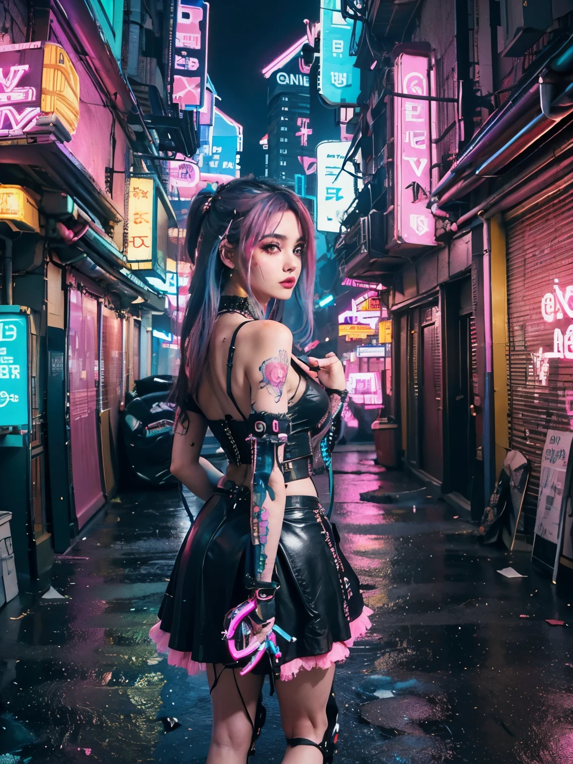 (Tabletop, Highest quality, Top quality, Official art, Beautiful, Aesthetic:1.2),(One girl:1.4),Full body,([pink|blue] hair:1.5),Highly detailed,(Fractal art:1.3),(Colorful:1.5),Best detail,(Mechanical modification:1.3),(Modified:1.2),Maiden,(Complex mechanical conduit inserted:1.5),Catheter,(Neon background:1.4),(Neon city:1.75),Night,(Gothic_ta:1.2),High heels,Make up,Blush,(Cyberpunk:1.4),((Looking at the viewer:1.3)),((Thinking back)),Sofia Boutella, Brunette, Tan, Huge , Nikon D850 Film Stock Photos with 4 Kodak Portra 400 Camera F1.6 Lenses, Rich colors, Ultra realistic textures, Dramatic lighting, UnrealEngine, Artstation Trending in Cinestill 800,