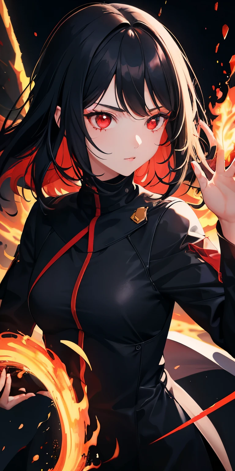 1girl, black hair, red eyes, fire witch, blood, light particles, light rays, wallpaper, high contrast, colorful,