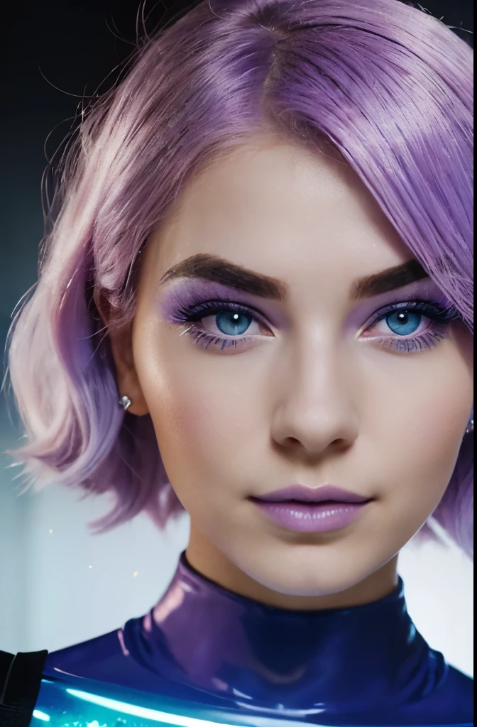 face of a beautiful futuristic girl of about 22 years old.

Her nose, subtly redder than the rest of her skin, contrasting with the rest of her pale skin.

Her eyes, very very large and brighter than a normal human being, magnetic brightness.

Her eyebrows, in contrast, are large and exaggerated, painting a portrait of intense expression. expressive form, charming face.

The hair takes on a (((pastel lilac colored hair))). her face has a contemporary and futuristic look.

(((electric blue colored eyebrows)))

Her lips, painted in bold shades of bright orange. Their chromatic intensity completes the extraordinary ensemble, giving an aura of glamor and sophistication to this girl with her memorable face.