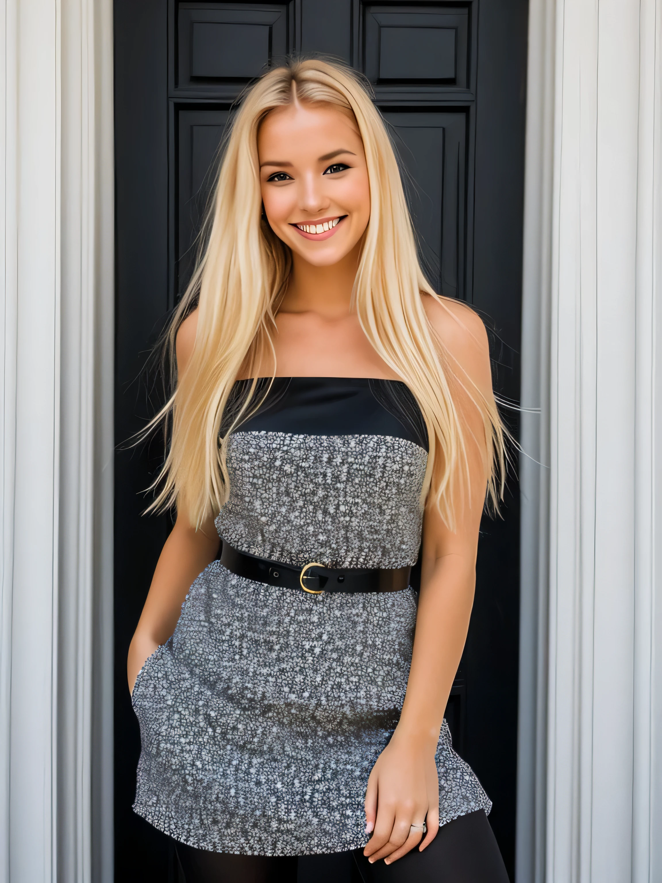 a smiling 23 year old blonde woman standing with makeup, robe de mode sexy, very dark black background, Photorealism, blonde hair with light brown roots, cheveux blond, Cheveux avec des racines brunes, Yeux bleus, Belle femme, High quality