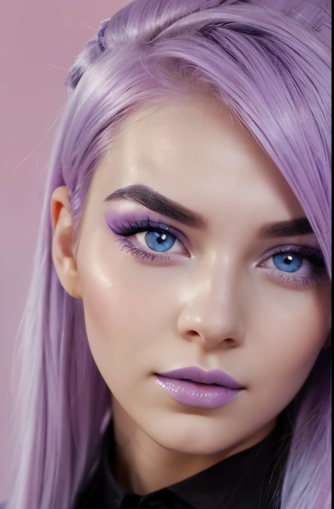 face of a beautiful futuristic girl of about 22 years old.
Her nose, subtly redder than the rest of her skin, contrasting with the rest of her pale skin.
Her eyes, very very large and brighter than a normal human being, magnetic brightness.
Her eyebrows, in contrast, are large and exaggerated, painting a portrait of intense expression. expressive form, charming face.
The hair takes on a (((pastel lilac colored hair))). her face has a contemporary and futuristic look.
(((electric blue colored eyebrows)))
Her lips, painted in bold shades of bright orange. Their chromatic intensity completes the extraordinary ensemble, giving an aura of glamor and sophistication to this girl with her memorable face.