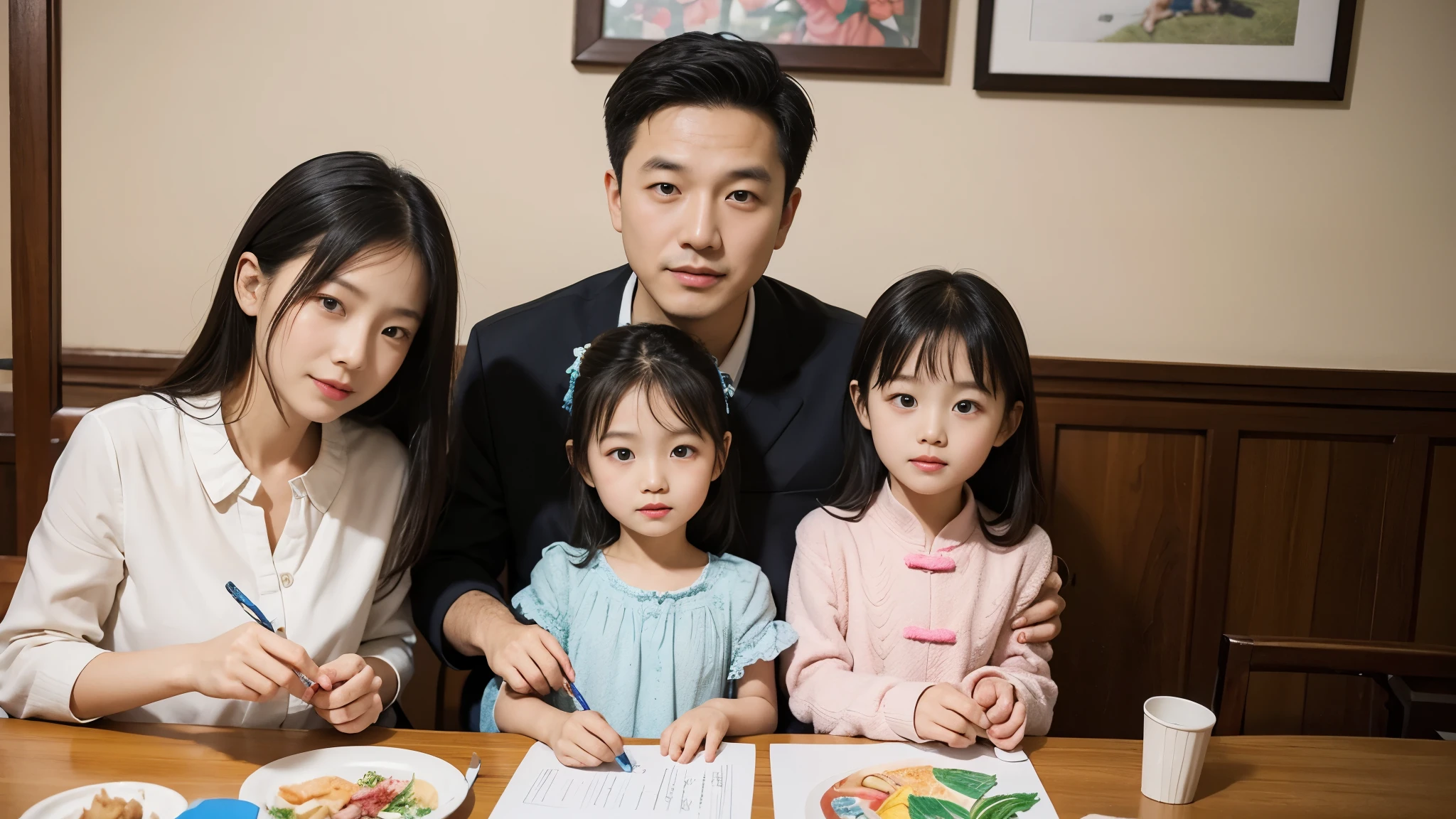 You need to draw a picture of a family of four,Chinese family photos,The family members in the photo are:dad ,Mother ,a sister and a sister 。Sister is eight years old,Sister is six years old。