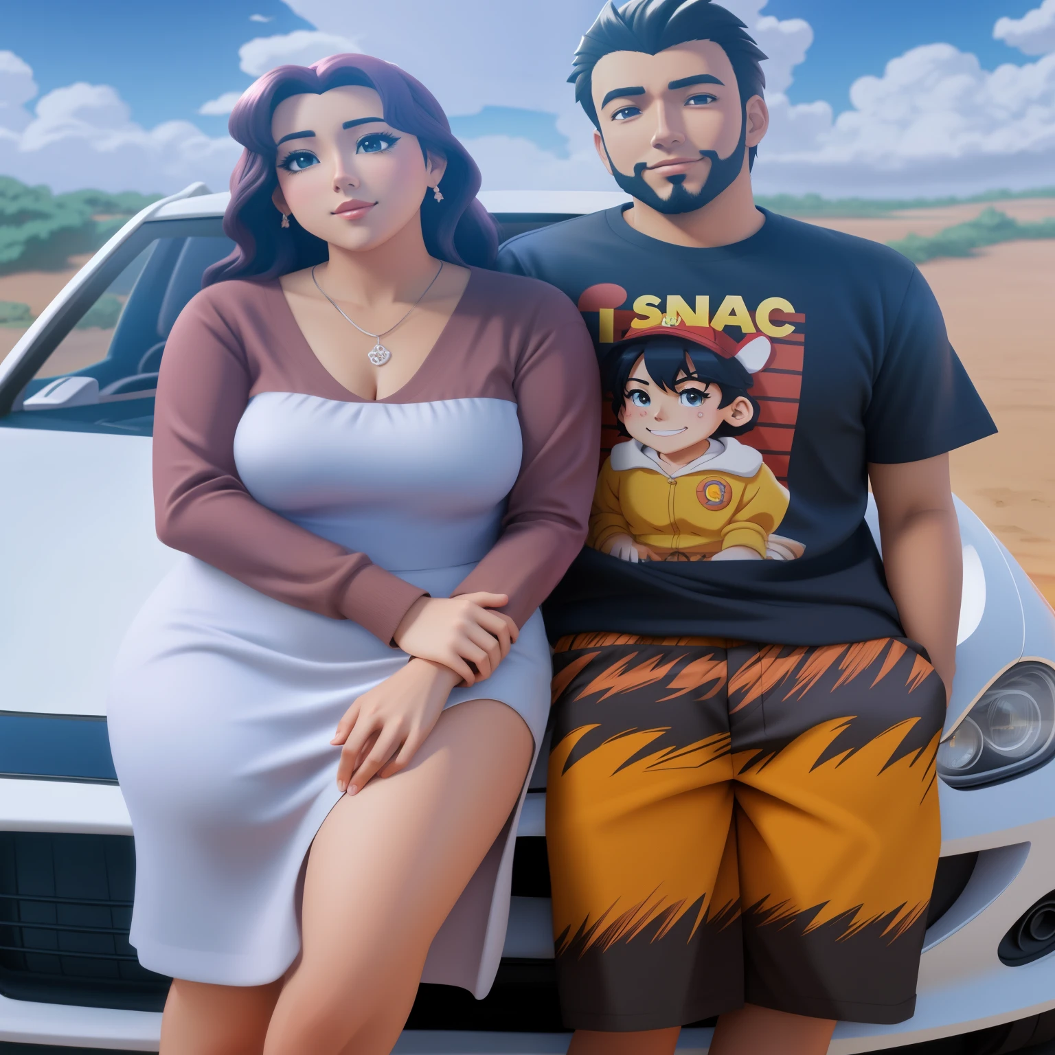 there are a man and a woman sitting in a car with a cartoon character, estilo anime 3 d realista, desenho animado realista, estilo animed 3d, arte dos desenhos animados style, pose de casal, estilo de desenho animado illustration, arte dos desenhos animados, estilo anime. 8K, in the style of Disney animation, foto realista da disney, Disney fotorrealista, arte digital dos desenhos animados, realism art style, estilo de desenho animado