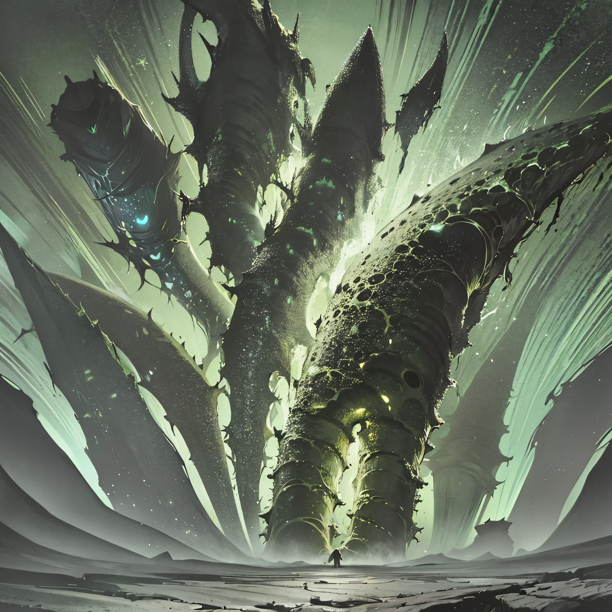 cosmic horror setting on an uninhabited planet unlike anything ever seen, vast and complex vegetation resembling tentacles, rocks everywhere (large and small), dark gray sky, heavy clouds , mountains in the distance.