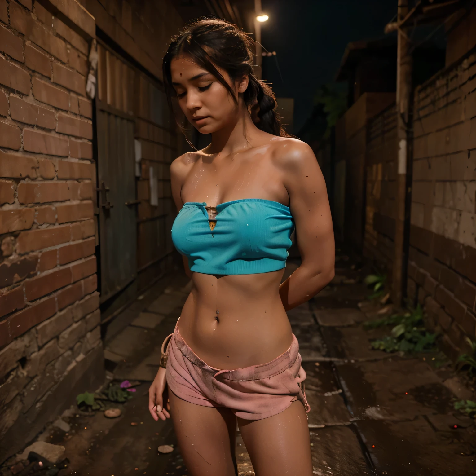 beautiful indian princess, (tube top), unbuttoned blue shorts, small breasts, standing in deserted alley, eyes closed, hands tied with rope behind back, pink socks, full body shot, high res, night, rain, dirt streaks on body, eyes closed, sweaty body, raining