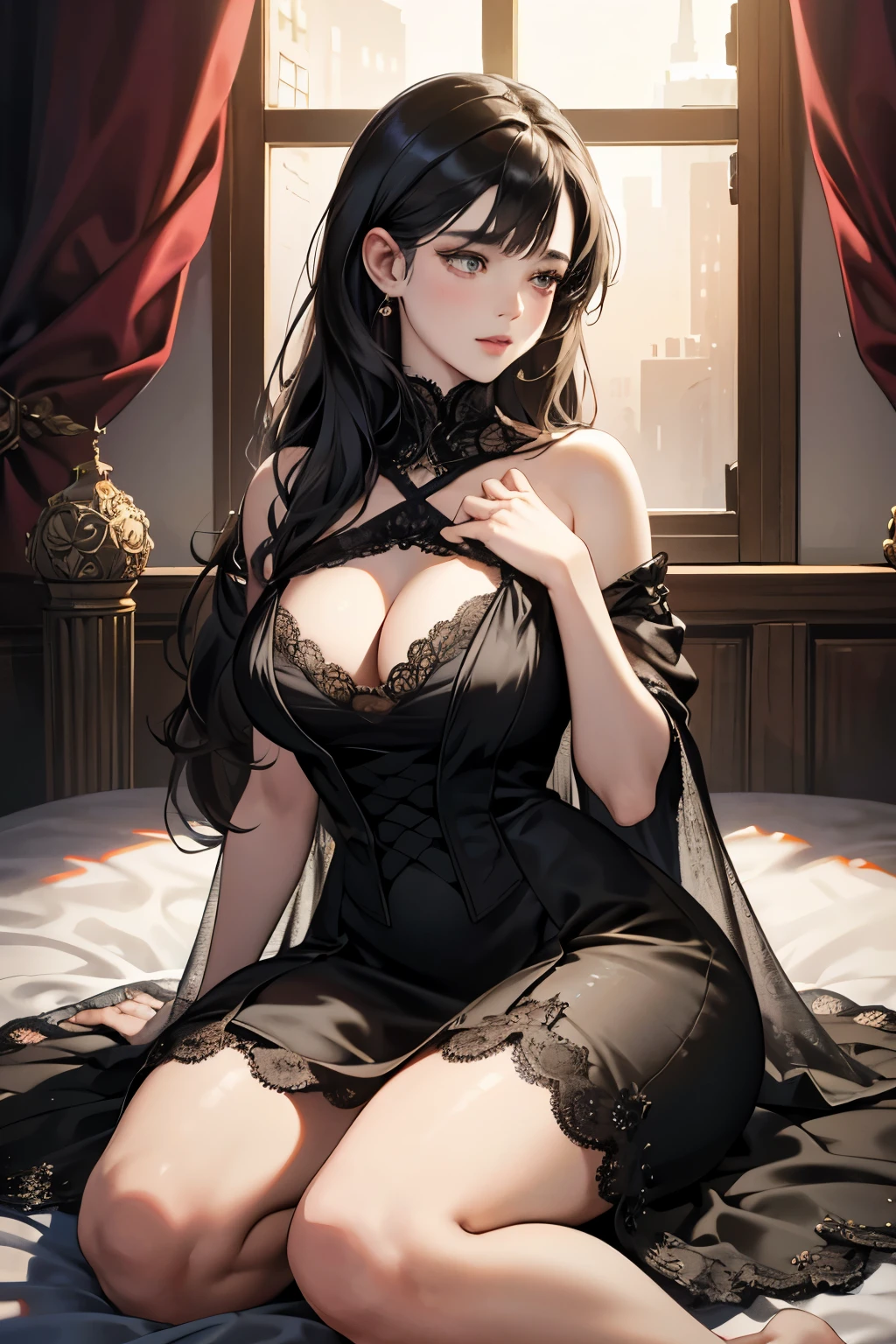 Curvy pretty girl, in a lace dress that clings to her voluptuous figure, her wide open mouth emitting a soft, tender sigh, the dress open on the side revealing a seductive glimpse of her curves. Behind her, the nightmarish world is rendered in hyperrealism with bright, vivid colors, creating a stark contrast to her delicate appearance. She rests on one knee, her expression hinting at a longing or desire, as the intricate details of her dress and the chaotic backdrop come to life in this octane ultra-detailed digital art rendering.