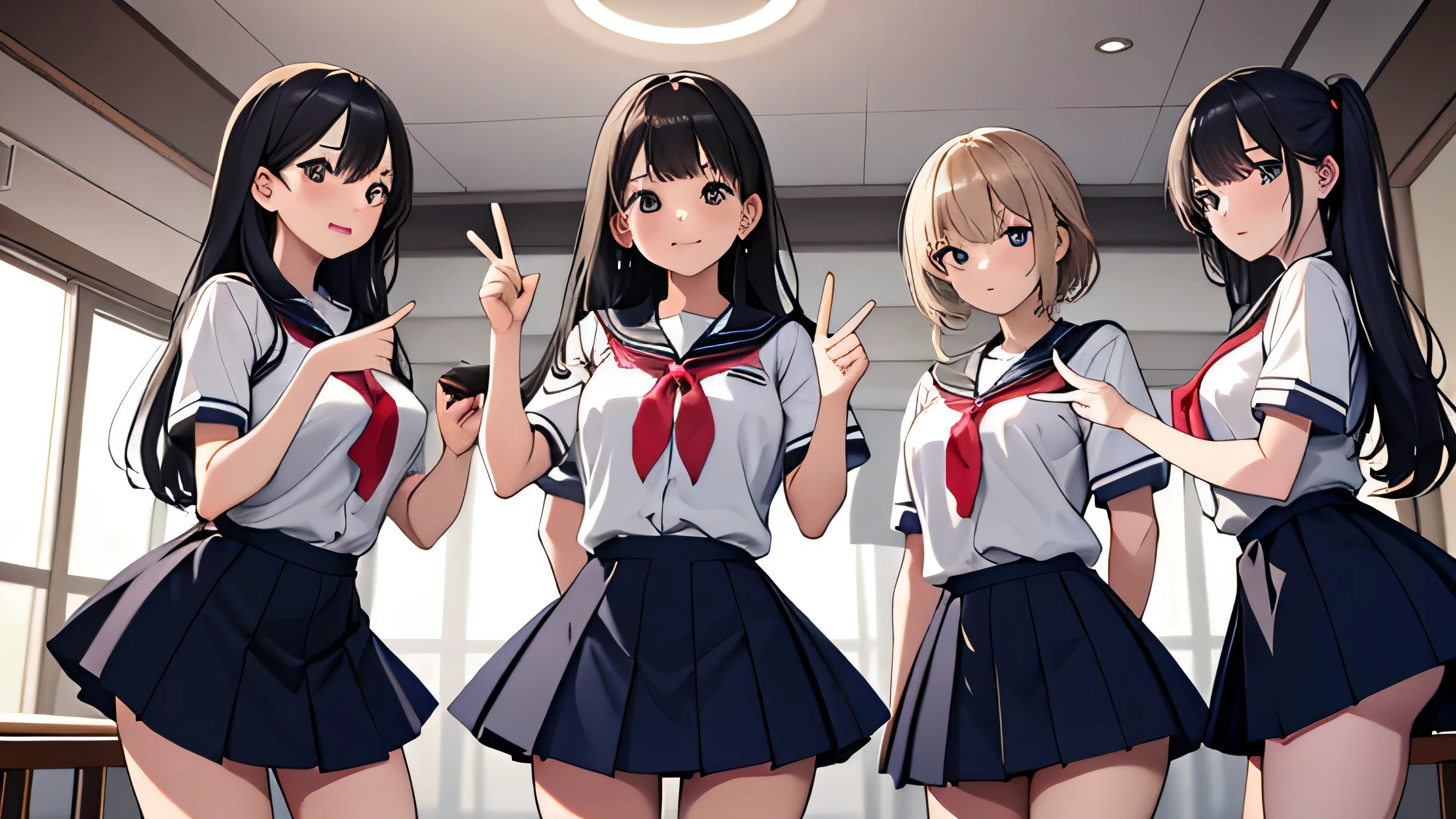 (masterpiece, best quality), (absurdres:1.2), (ultra detailed, 8K, ultra highres:1.2), (beautiful 4girls and handsome 4boys:1.3), young, slim, (cinematic composition), blush, happy smile, dramatic lighting, (short body, body), (group shot, gathered, friends), (multiple boys:1.2), looking at viewer, standing, sitting, posing, school uniform, (multiple loving couples:1.2), v-signs