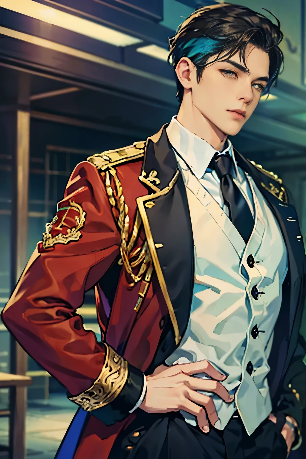 (outrageous, mackerel, highly detailed, hdr), masterpiece, best quality, one man, cool, short hair, detailed eyes and detailed facelate twenties male, strikingly handsome, chiseled features, sculpted jawline, deep-set eyes, full hair, modern hairstyle, military uniform, gold braiding, ceremonial attire, confident posture, luxury suit, sleek design, silk fabric, tailored fit, shiny finish, poised, elegant background, high-resolution, photorealistic, vibrant colors, dynamic lighting, sharp detail., 