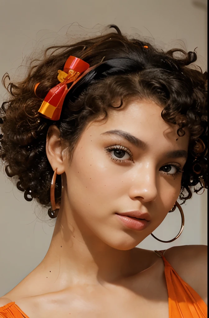 face of a beautiful futuristic girl of about 22 years old.
Her nose, subtly redder than the rest of her skin, contrasting with the rest of her pale skin.
Her eyes, very very large and brighter than a normal human being, magnetic brightness.
Her eyebrows, in contrast, are large and exaggerated, painting a portrait of intense expression. expressive form, charming face.
(((Afro curly hair))). some beads and colored ribbons woven into her short hair. her face has a contemporary and futuristic look.
Her lips, painted in bold shades of bright orange. Their chromatic intensity completes the extraordinary ensemble, giving an aura of glamor and sophistication to this girl with her memorable face.