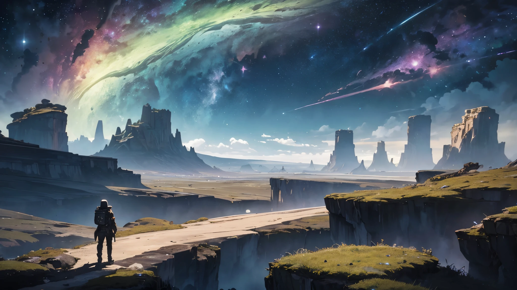 cosmic horror setting on an uninhabited planet unlike anything ever seen, vast and complex vegetation resembling tentacles, rocks everywhere (large and small), dark gray sky, heavy clouds , mountains in the distance.