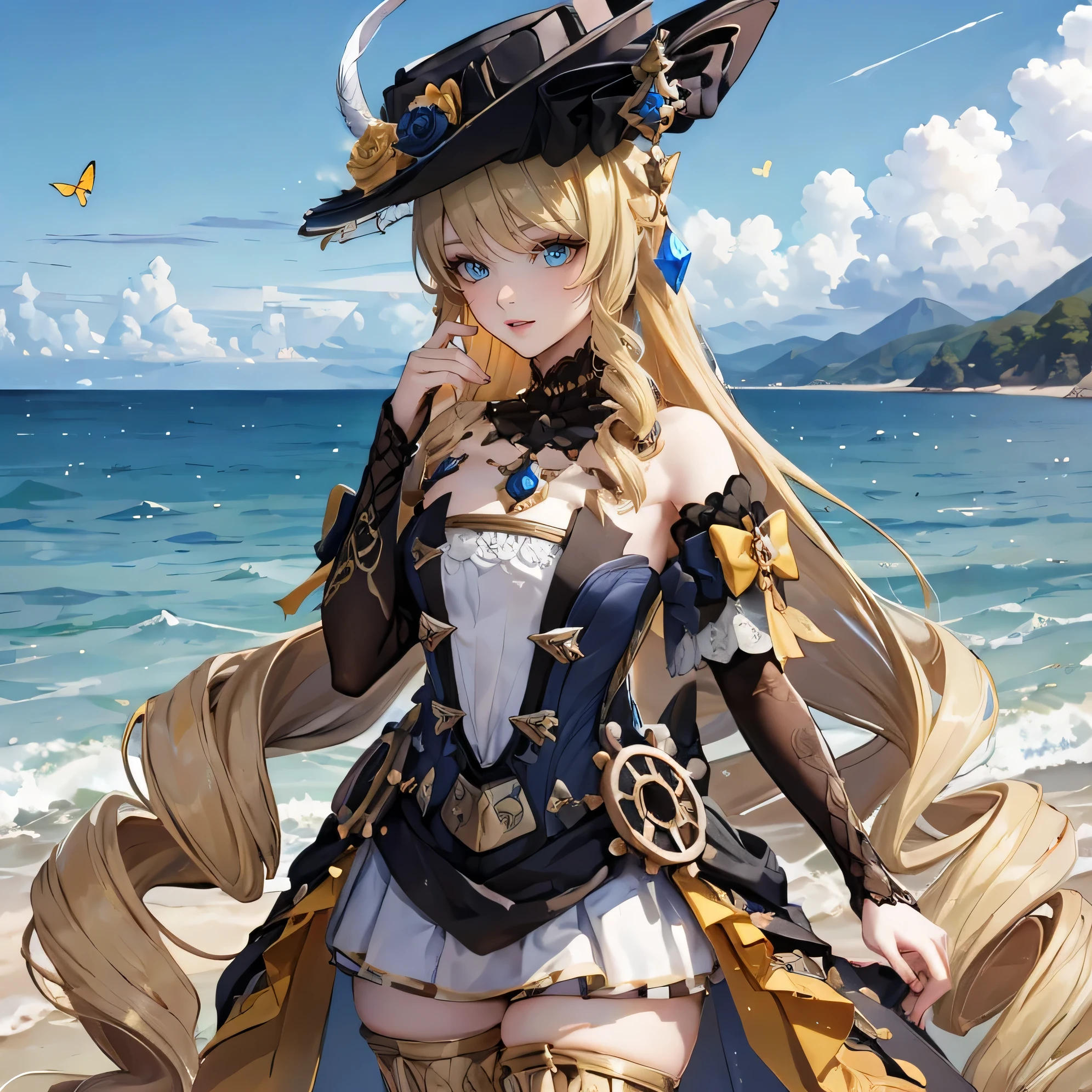 Navia against the background of the sea , body of water, Butterflies fly, hat flowers feather,Blue eyes, long hair , sweet look, Hands down,3 sapphires on chest , gems