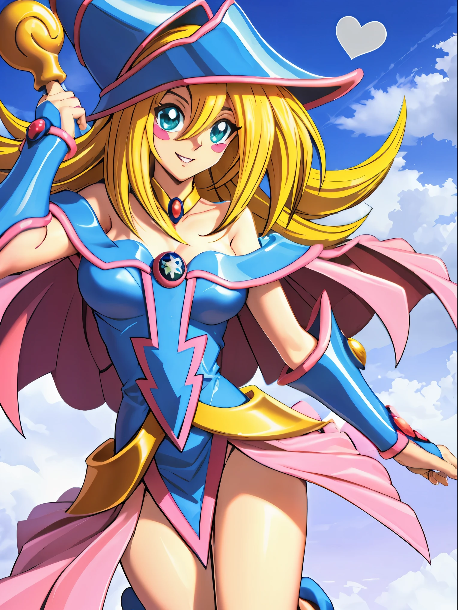 Dark magician gils. Leaving a magic circle. Magia de corazones en el aire. Pose sensual y inocente. Sonrisa de mona lisa. Happy, sonrisa 