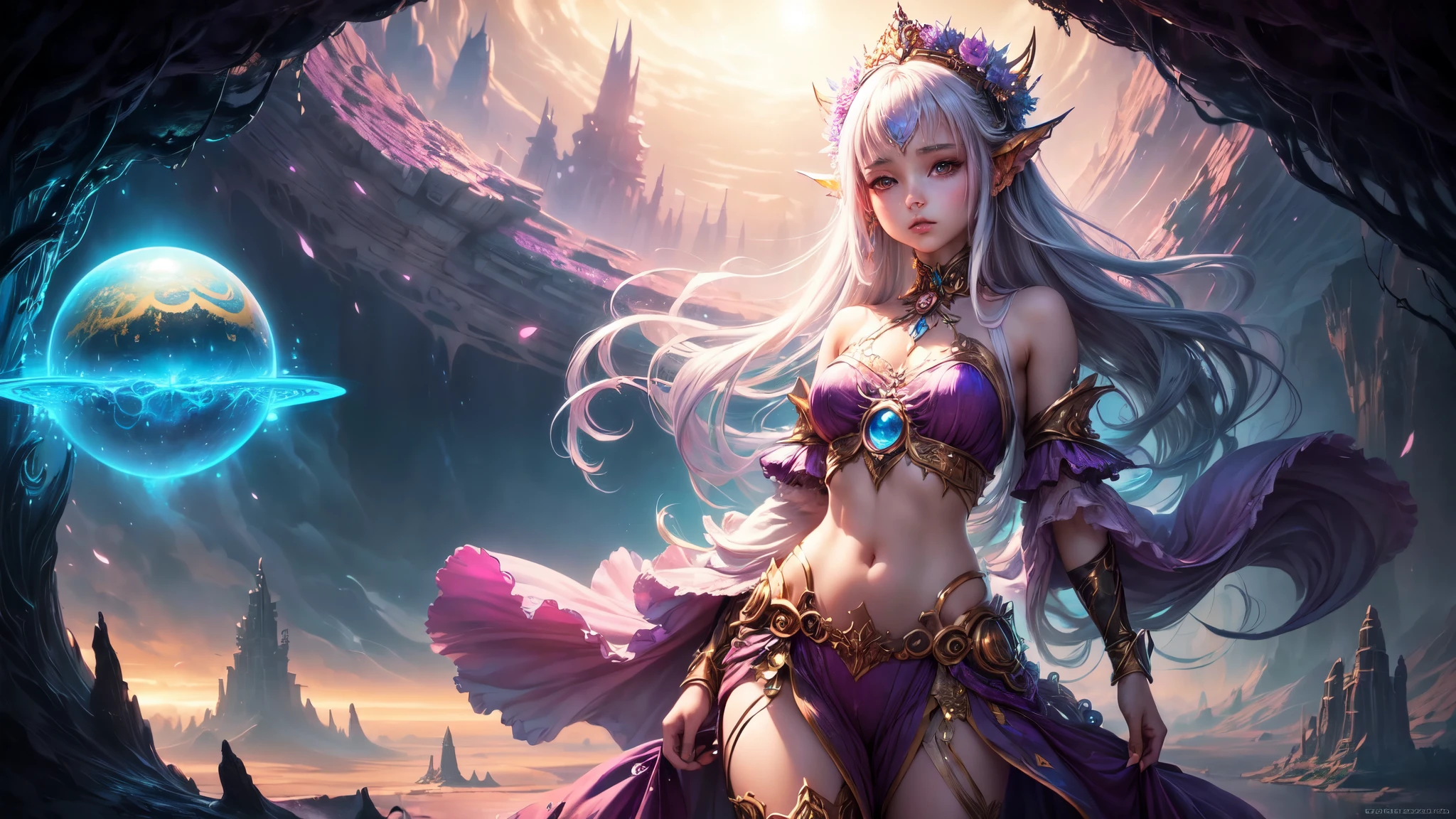 Beautuful Women、Long silver hair、Purple eyes、Half Elf and Half Demon、Magic tattoo on the right arm、Maniacal