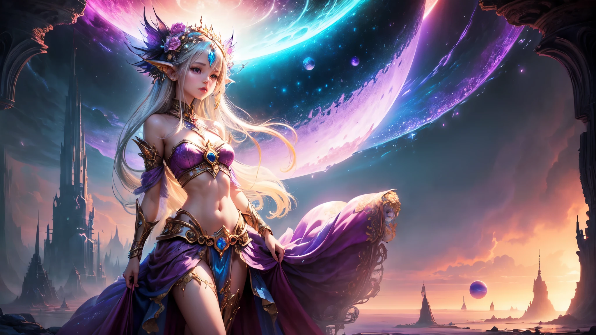 "(((Ethereal girl)) in an elaborate costume, Bare Midriff, in a fantasy landscape filled with floating planets, ((dreamy atmosphere)), magical, vivid colors, ((otherworldly)), detailed fantasy setting, (best quality),