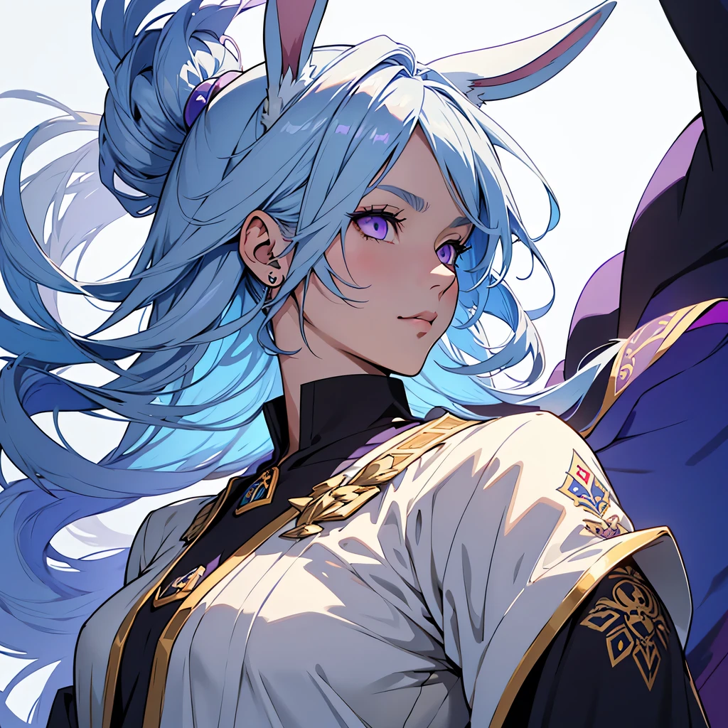 medieval anime art, masterpiece, best quality, by professional artist, female, solo, portrait, profile, detailed composition, detailed eyes, plain white background, light blue hair, 2 bunny ears, innocent, wizard, magical clothes, young, purple eyes