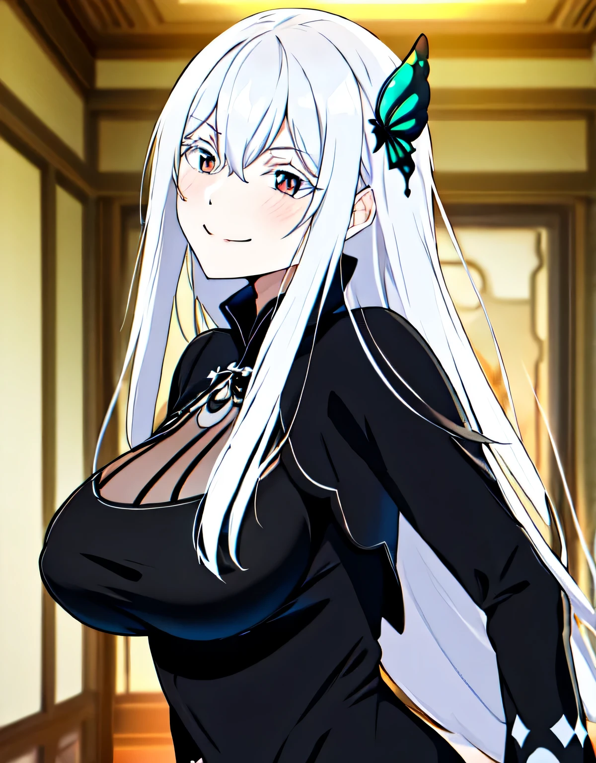 (colored eyelashes:1.1),(sensitive smile:1.3),indoor hall,butterfly hair ornament, black capelet, black dress, long sleeve,echidna,(big breasts:1.5),shiny,hair,((alone)),((masterpiece)),((highest quality)),perfect anatomy,slim waist,perfect image,8k UHD,(detailed and beautiful eyes:1.3),highly detailed face,Are standing,(Upper body:1.1),(look ahead:1.1),back arm,super detailed,disorganized,High resolution