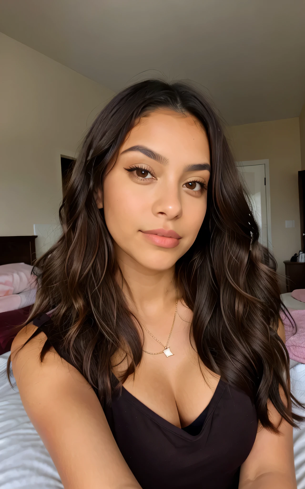 hispanic, 1 femme, Long Wavy Hair, dark brown eyes, top, Chambre, Selfie