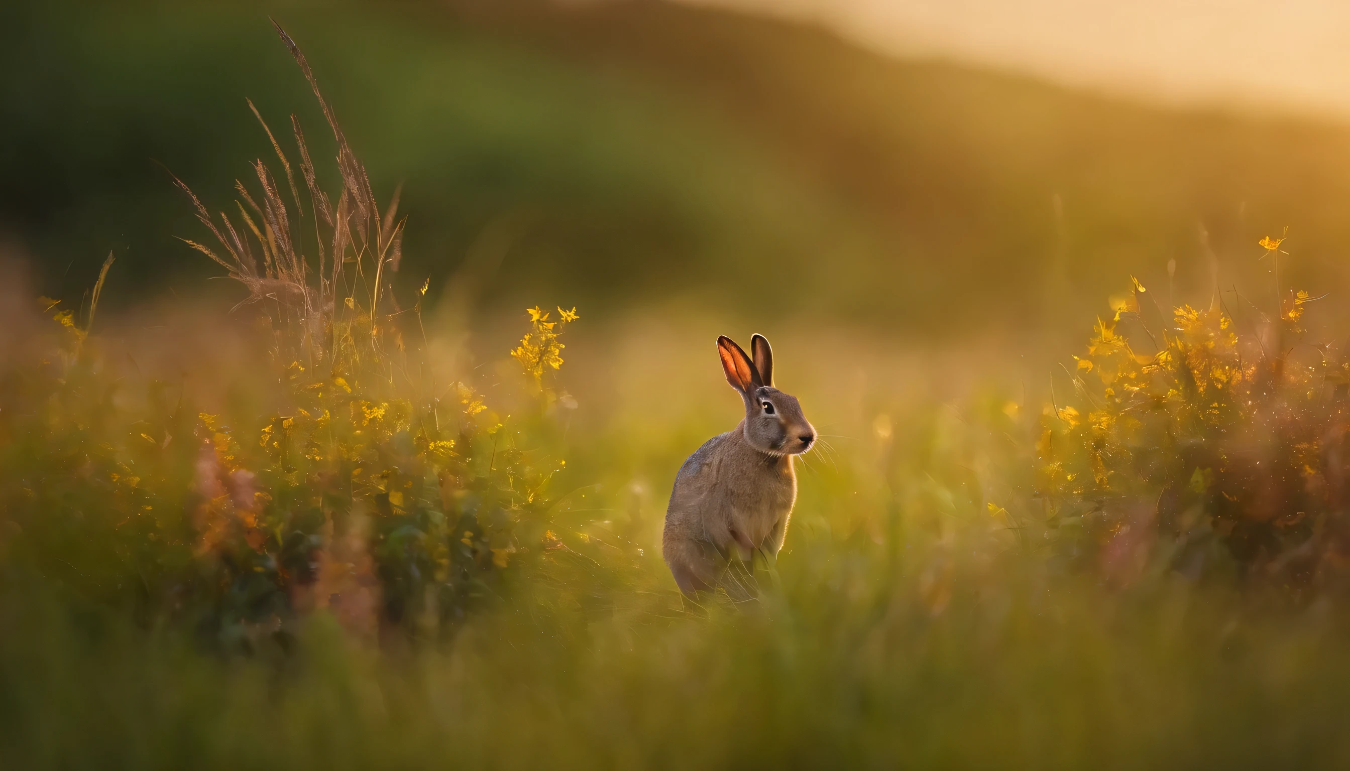 (a lush meadow),(highly detailed,photorealistic) [vibrant colors][rabbits grazing,eating grass], [flora and diverse vegetation],[soft natural lighting],[peaceful atmosphere],[wide open space], [picturesque landscape],[butterflies fluttering by],[clear blue sky],[gentle breeze]
