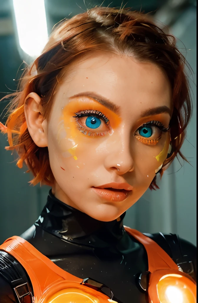 face of a beautiful futuristic girl of about 22 years old.
Her nose, redder than the rest of her skin, contrasting with the rest of her pale skin.
((Her eyes are very very large and brighter than a normal human being: 1.8))), magnetic brightness.
The electric blue colored eyebrows are large and exaggerated, painting a portrait of intense expression. expressive form, charming face.
Her very short and wavy neon orange hair. some beads and colored ribbons woven into her short hair. her face has a contemporary and futuristic look.
Her lips, painted in bold shades of bright orange. Their chromatic intensity completes the extraordinary ensemble, giving an aura of glamor and sophistication to this girl with a memorable face.