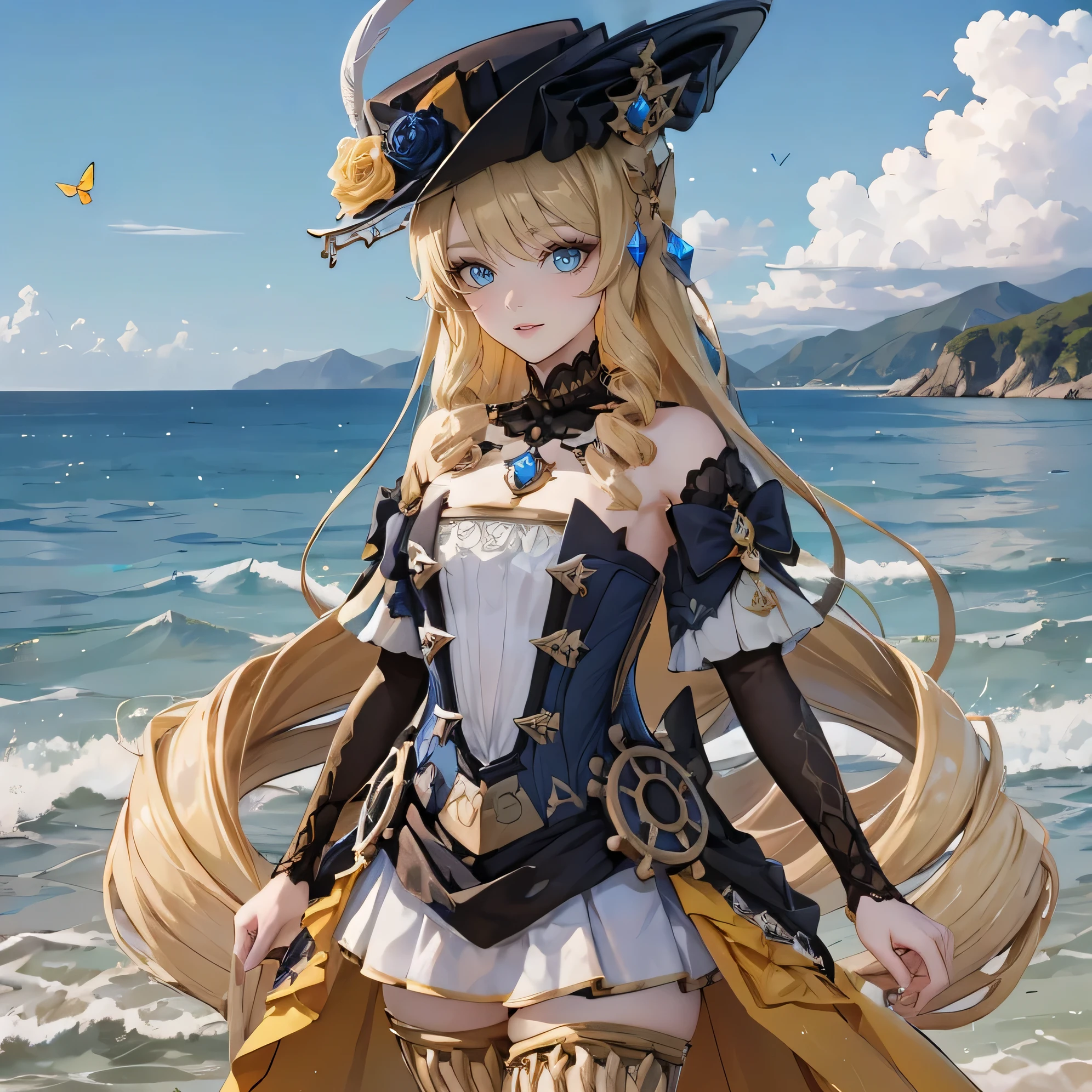 top quality,Navia against the background of the sea , body of water, Butterflies fly, hat flowers feather,Blue eyes, long hair , sweet look, Hands down, 3 sapphires on chest , gems,hands at the sides below
