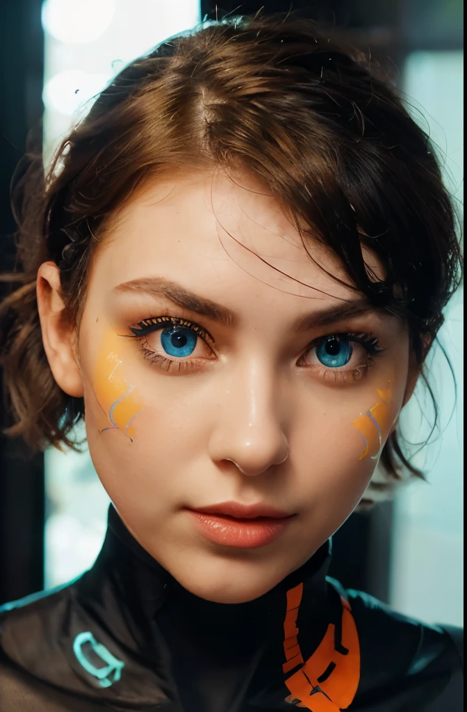 face of a beautiful futuristic girl of about 22 years old.
Her nose, redder than the rest of her skin, contrasting with the rest of her pale skin.
((Her eyes are very very large and brighter than a normal human being: 1.5))), magnetic brightness.
The electric blue colored eyebrows are large and exaggerated, painting a portrait of intense expression. expressive form, charming face.
Her hair is very short and wavy. some beads and colored ribbons woven into her short hair. her face has a contemporary and futuristic look.
Her lips, painted in bold shades of bright orange. Their chromatic intensity completes the extraordinary ensemble, giving an aura of glamor and sophistication to this girl with her memorable face.