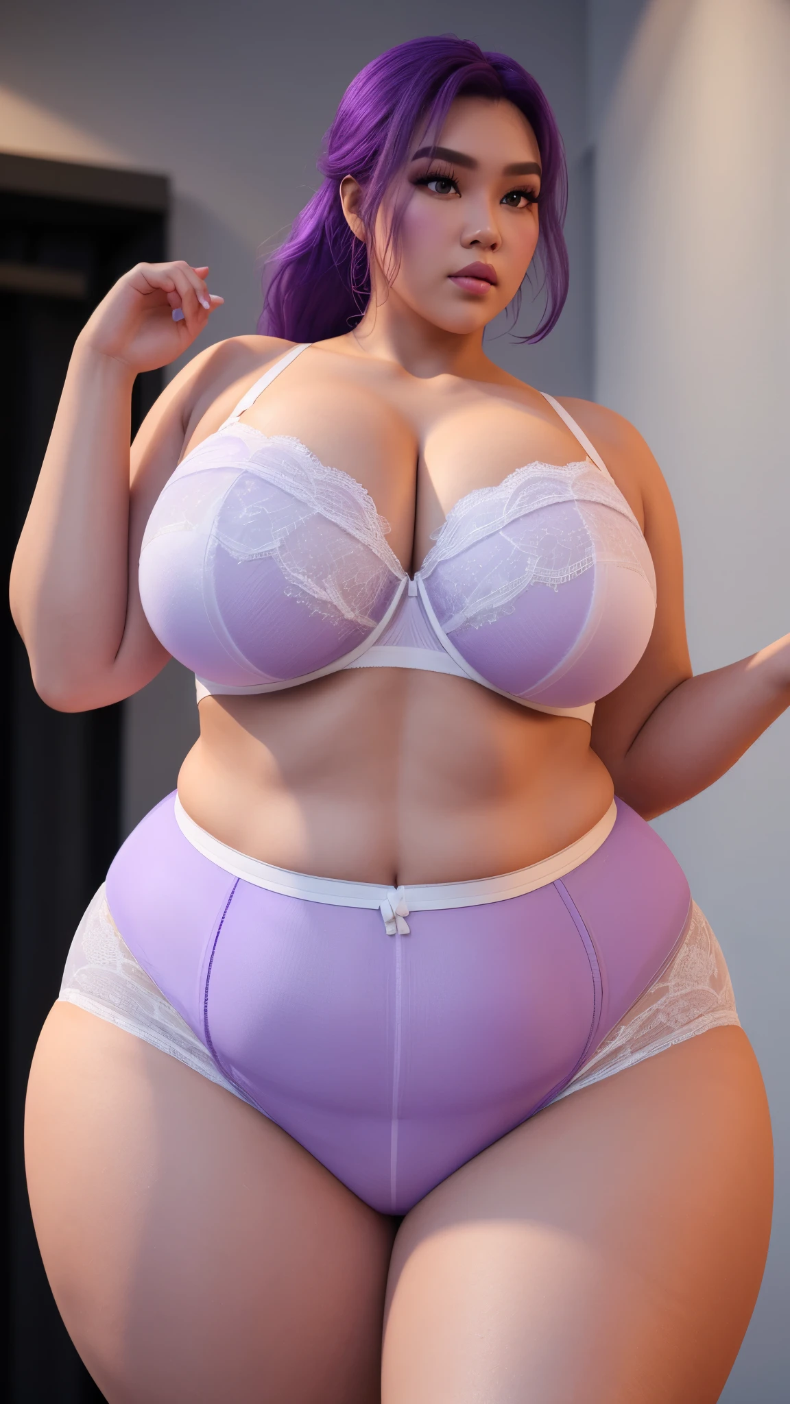 240 lbs bbw malay, big ,(( high waist white purple underwear)), big upper arms, fresh colour dominant,lighting ((#FEE3D4 skin color)