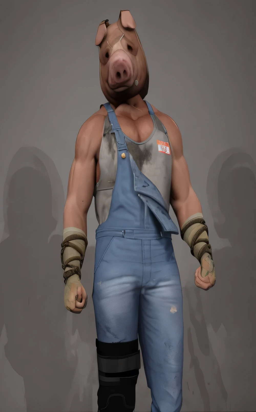 ((masterpiece, best quality)),there is a 3d image of a white man with a dirty pig mask with"100%, pure" burned into forehead, dirty white wrist tape with ropes tied around forearms, , wearing dirty worn overalls and a black knee brace, sfm render, dirty muscular body, robust stocky body, pig, rendered in sfm, mechanic punk outfit, photo realistic, intricate details