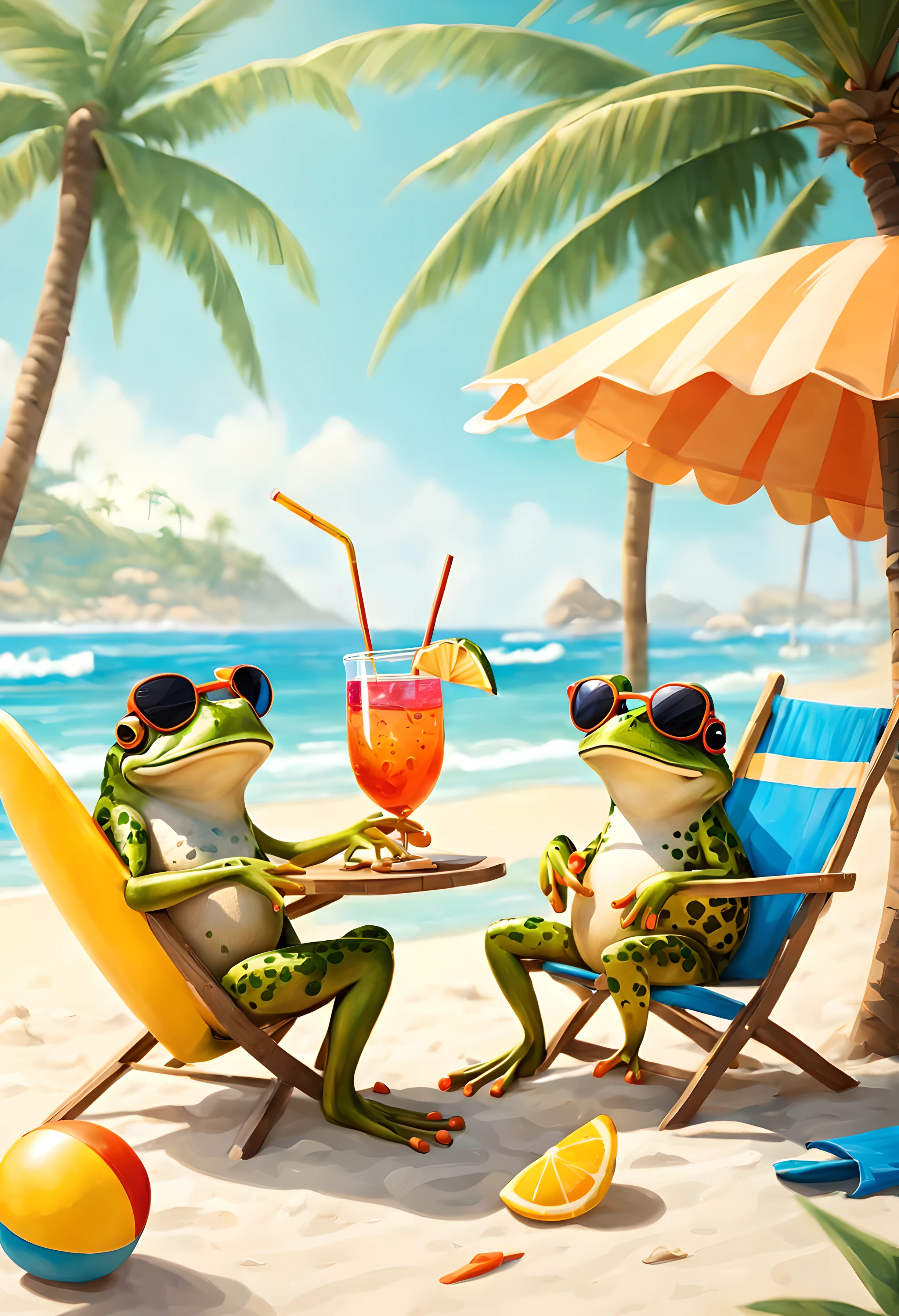 best quality,ultra-detailed,realistic,frog,beach scene,funky,vibrant colors,soft lighting,wavy sea waves, sandy beach,cute frog,funny expressions,crystal clear water,sunshine,bright blue sky,sizzling hot weather,refreshing breeze,playful atmosphere,exotic palm trees,tropical vibes,lively music,beach umbrella and chairs,lazy afternoon,surfer dudes,flip-flops and sunglasses,beach volley,barbecue and drinks,happy people,summer vacation,happiness and relaxation