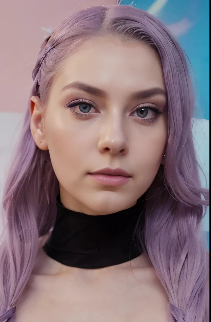 face of a beautiful futuristic girl of about 22 years old.
Her nose, redder than the rest of her skin, contrasting with the rest of her pale skin.
Her eyes are very, very large and brighter than a normal human being, magnetic brightness.
The electric blue colored eyebrows are large and exaggerated, painting a portrait of intense expression. expressive form, charming face.
(((pastel lilac long hair))). some beads and colored ribbons woven into her short hair. her face has a contemporary and futuristic look.
Her lips, painted in bold shades of bright orange. Their chromatic intensity completes the extraordinary ensemble, giving an aura of glamor and sophistication to this girl with her memorable face.