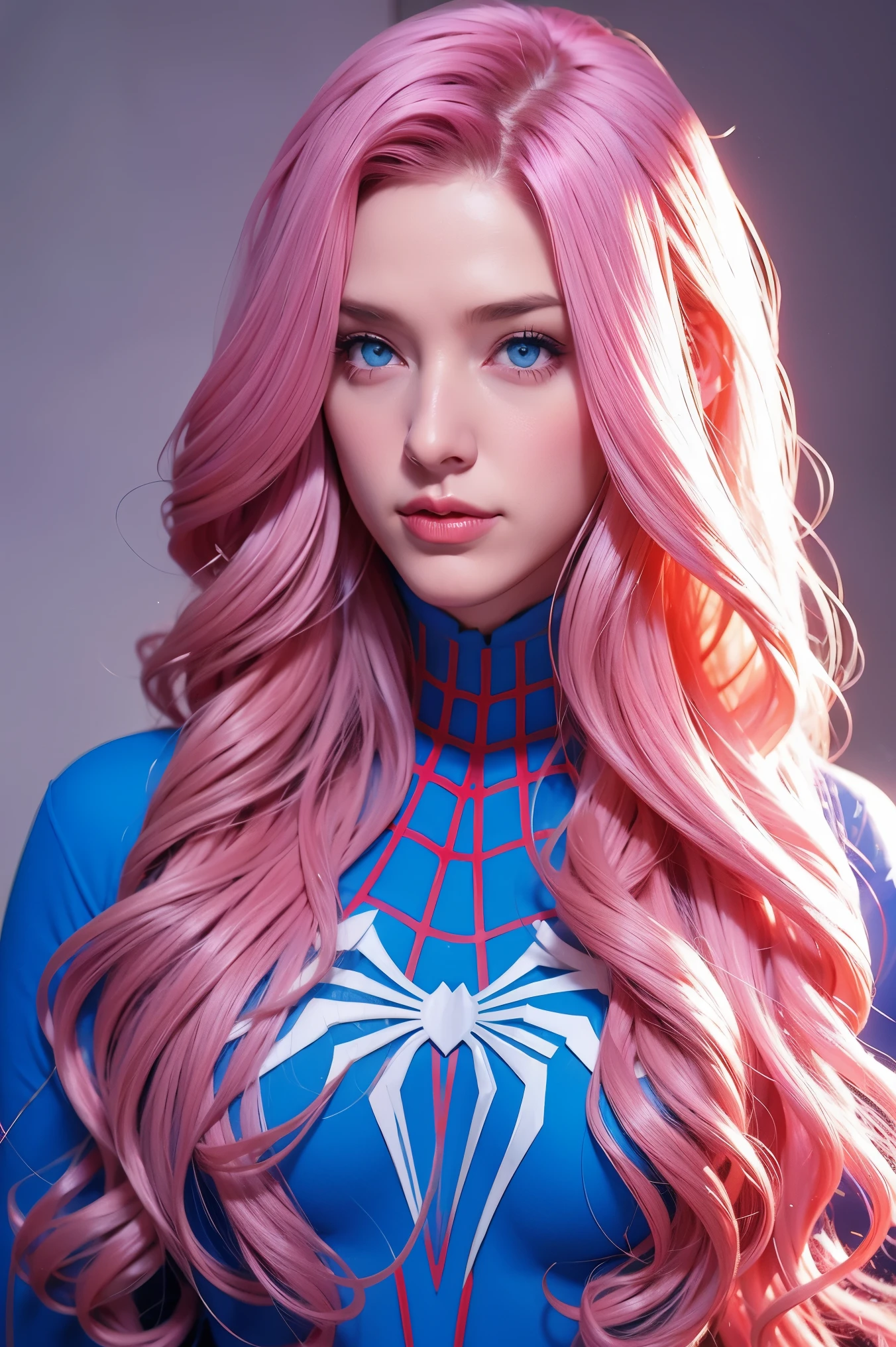 Woman, long curly hair, pink hair, blue eyes, spiderman outfit, Sexy, big
