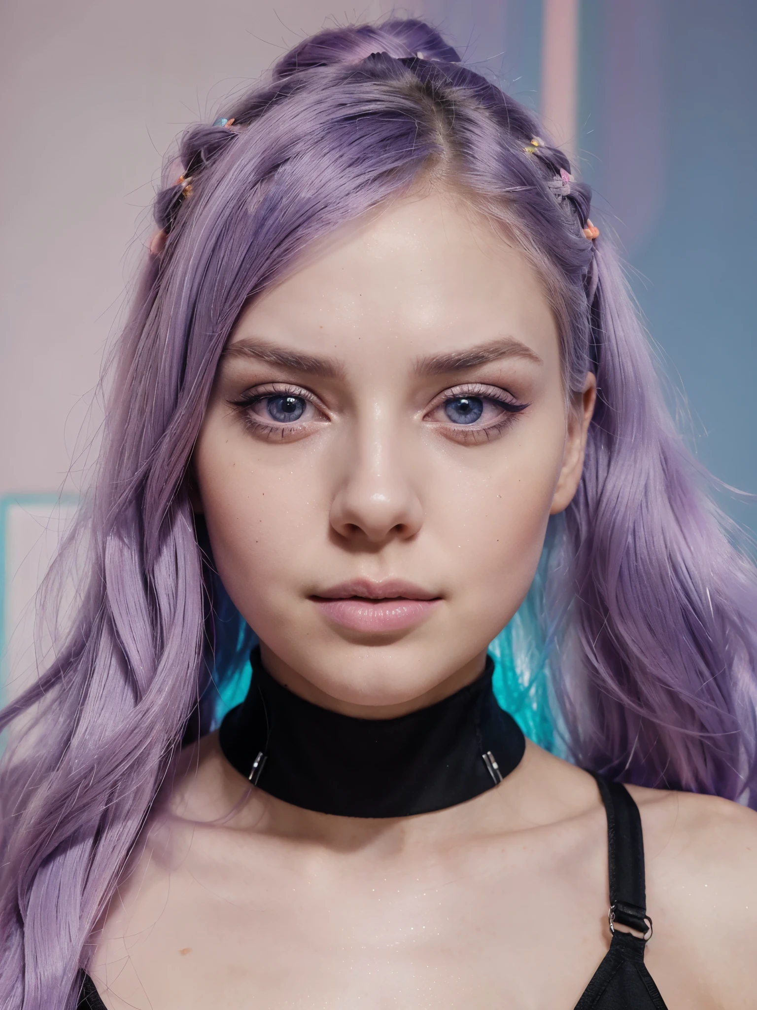 face of a beautiful futuristic girl of about 22 years old.

Her nose, redder than the rest of her skin, contrasting with the rest of her pale skin.

Her eyes are very, very large and brighter than a normal human being, magnetic brightness.

The electric blue colored eyebrows are large and exaggerated, painting a portrait of intense expression. expressive form, charming face.

(((pastel lilac long hair))). some beads and colored ribbons woven into her short hair. her face has a contemporary and futuristic look.

Her lips, painted in bold shades of bright orange. Their chromatic intensity completes the extraordinary ensemble, giving an aura of glamor and sophistication to this girl with her memorable face.