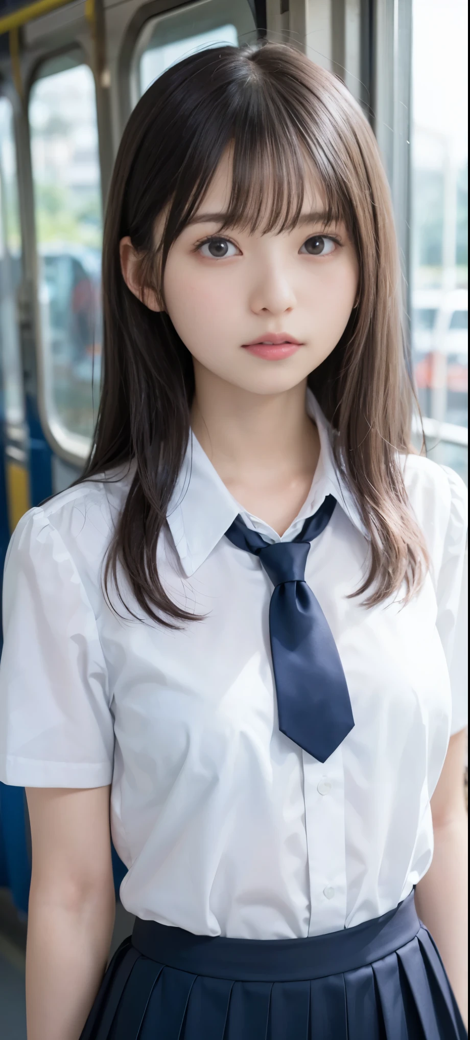 (masterpiece, highest quality:1.2), 8k, 15 years, 85mm, official art, RAW photo, スーパースリムなスレンダーbeautiful girl, (紺の短いスカートをたくし上げると下Half bodyfull nude)、short sleeveの白シャツ、show me your ears、naked girl photoshoot、Depiction of super beautiful big breasts、full nude, cute face, close, Half body, Biolace, gardenia, beautiful girl, school uniform, (navy pleated skirt:1.1), tighten your waist, thighs, short sleeve, stand by the train window, looking at the viewer, no makeup, (A slightly troubled look), film grain, chromatic aberration, sharp focus, face light, clear lighting, Ten generations, detailed face, background bokeh, (dark red tie:1.1)、((((((two girls))))))、((((((2人のfull nude女子高生)))))