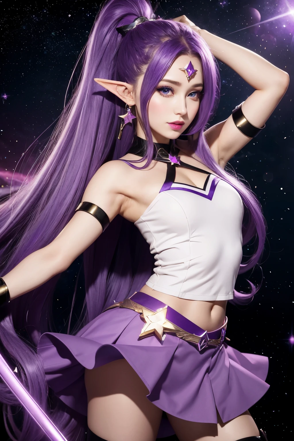 not vulgar, perfect eyes, girl, long hair, purple hair, ponytail, star guardian, stars, galaxy, guardian, magical cane, elf ears, purple eyes, skirt, flying, wind, detailed