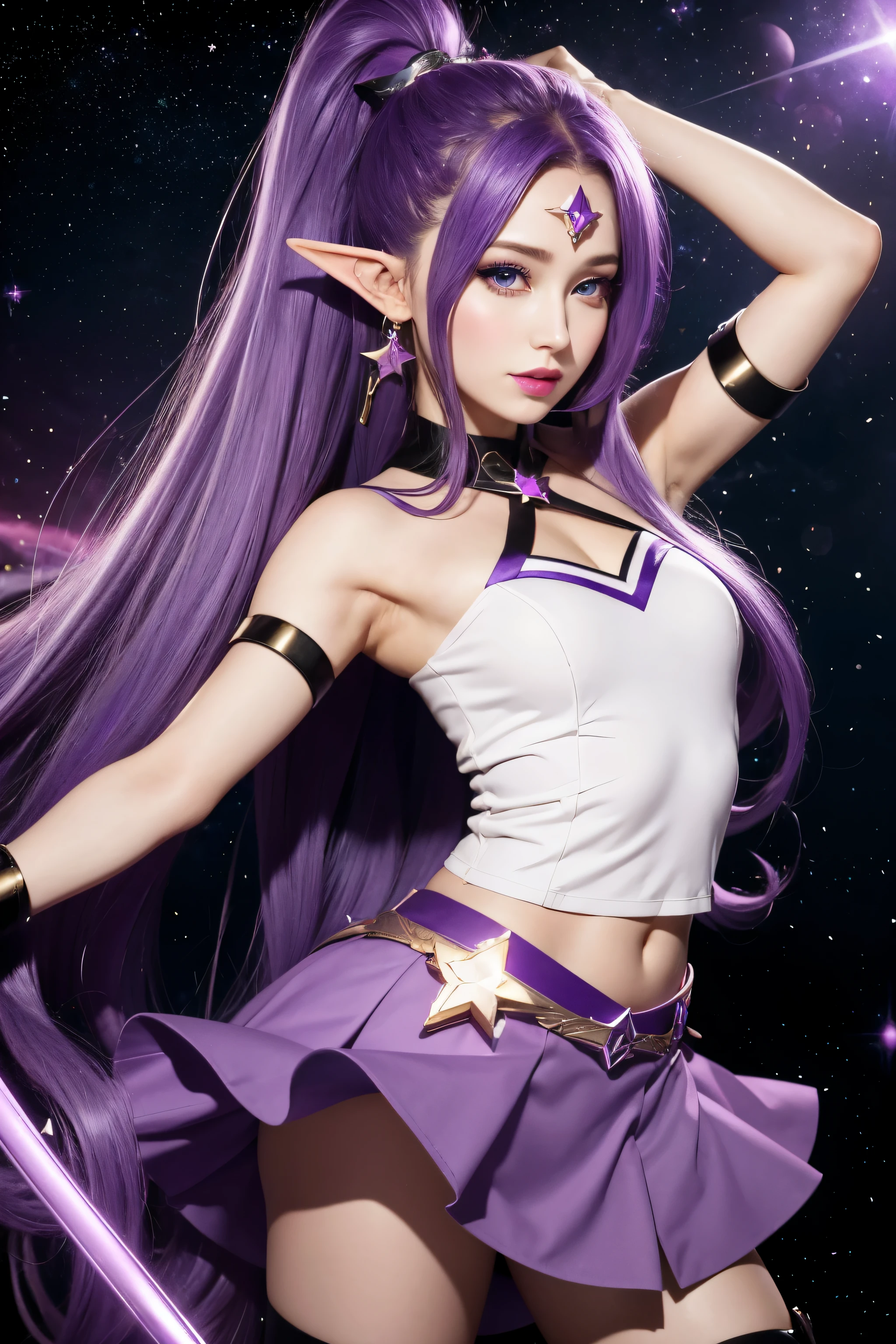 not vulgar, Olhos perfeitos, garota, cabelo longo, cabelo roxo, rabo de cavalo, star guardian, estrelas, Galaxy, guardian, Magic Cane, orelhas de elfo, olhos roxos, saia, flight, Vento, detalhado