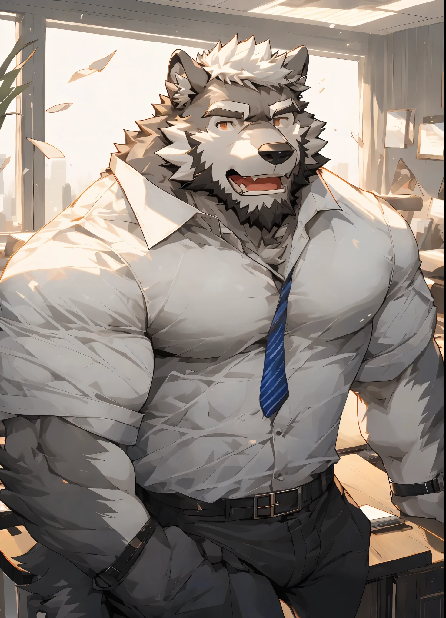 (masterpiece),(Very detailed),(best quality),alone,hairy,Wolf,gray fur,white hair,black beard,muscular,Strong body,White shirt,Open,Office background,8k,((high quality))