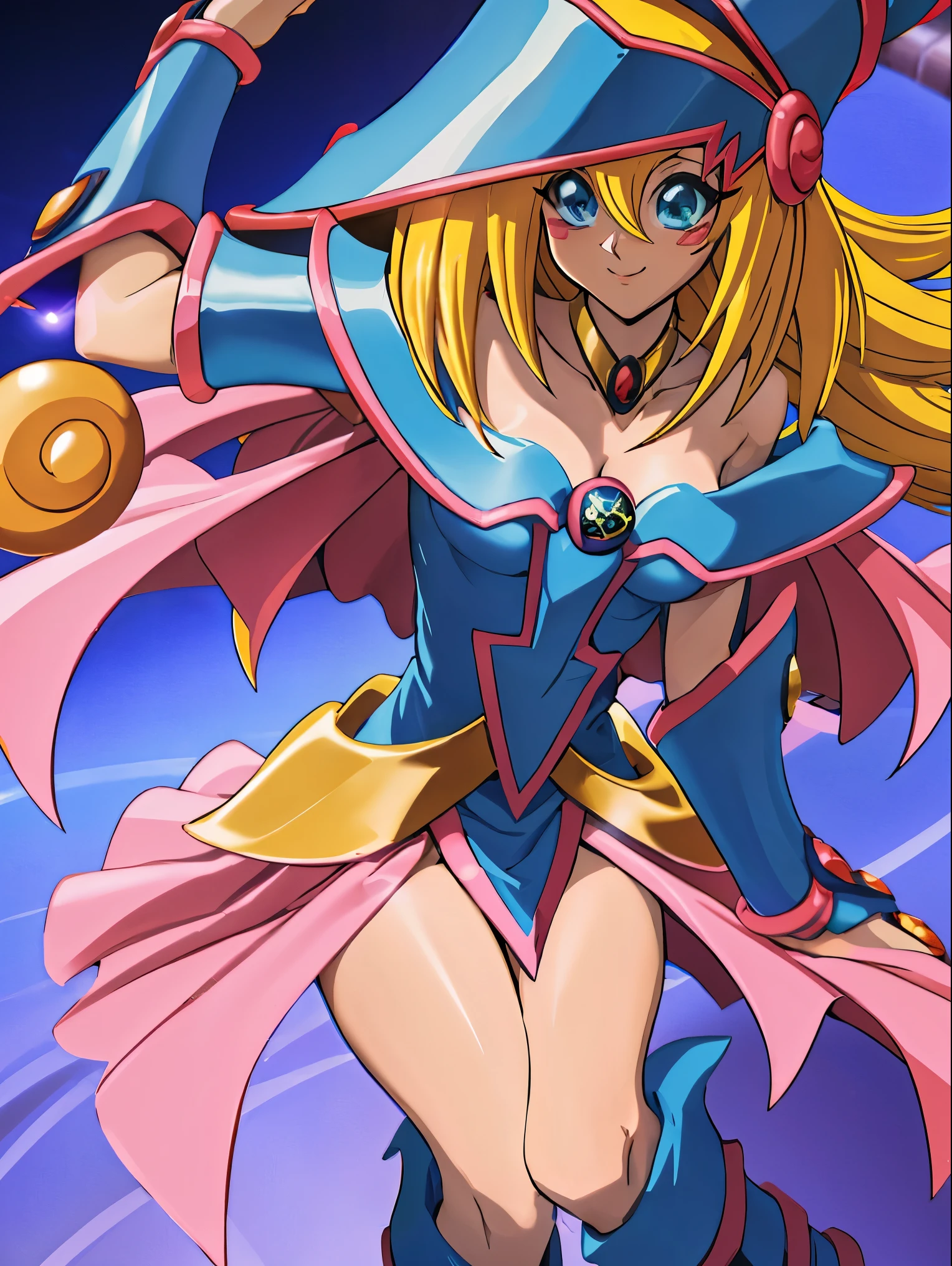 Dark magician gils. Leaving a magic circle. Magia de corazones en el aire. Pose sensual y inocente. Sonrisa de mona lisa. Happy, sonrisa 