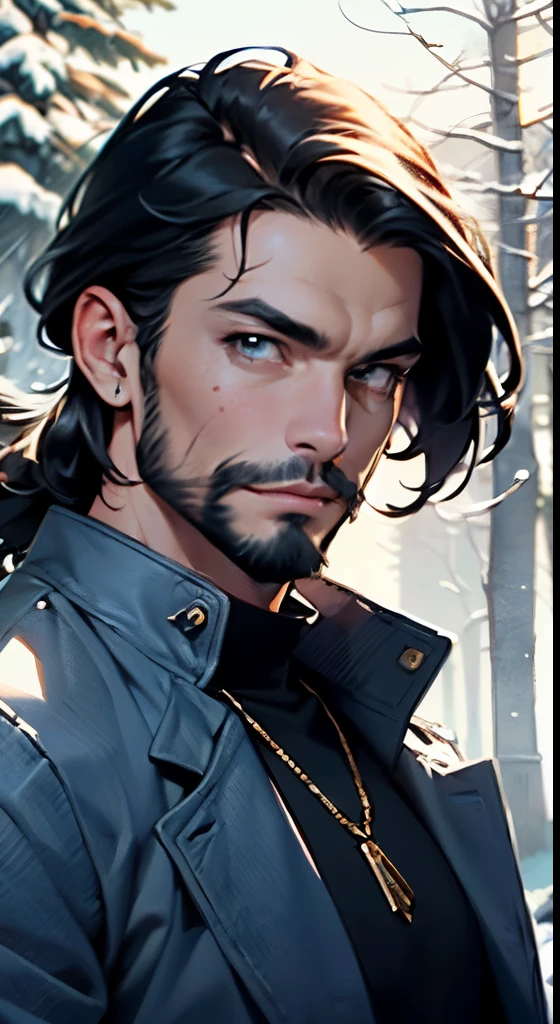 male:1.5, muscle, 1boy, big muscle, pectoral, big pectoral, muscular, Mature man,45 year old man,adult,1 man, old macho man,perfect body,an extremely delicate and beautiful detailed face, beautiful detailed eyes,long hair,(((black very short beard, black very short beard))), gold eyes, black hair,perfect face, black hair, nice hair style,(perfect hands, five fingers), perfect proportions, ((detailed face)),
smile,expressive eyes,
(ultra-detailed:1.3), beautiful detailed glow, finely detailed, ultra-detailed,
caucasian,elegant,
(open coat, arabian fashion,arabian coat, jeans,white shirt, masculine features, modern style,arabian clothes),(((blue coat, blue coat outfit, wearing a blue coat:1.3,arabian blue coat))),(arabian jewelry,intricate necklace),(detailed outfit,detailed clothes),
(dynamic pose:1.0),solo focus,embarrassed,centered,scale to fit dimensions,Rule of thirds,
winter,snowstorm in background,(pine forest),detailed background:1.25,snow forest background,Christmas tree,
High resolution, sharp focus, (ultra detailed, extremely detailed), (photorealistic artwork:1.37), 8k wallpaper,((vibrant colors)),(intricate),masterpiece,(best quality),