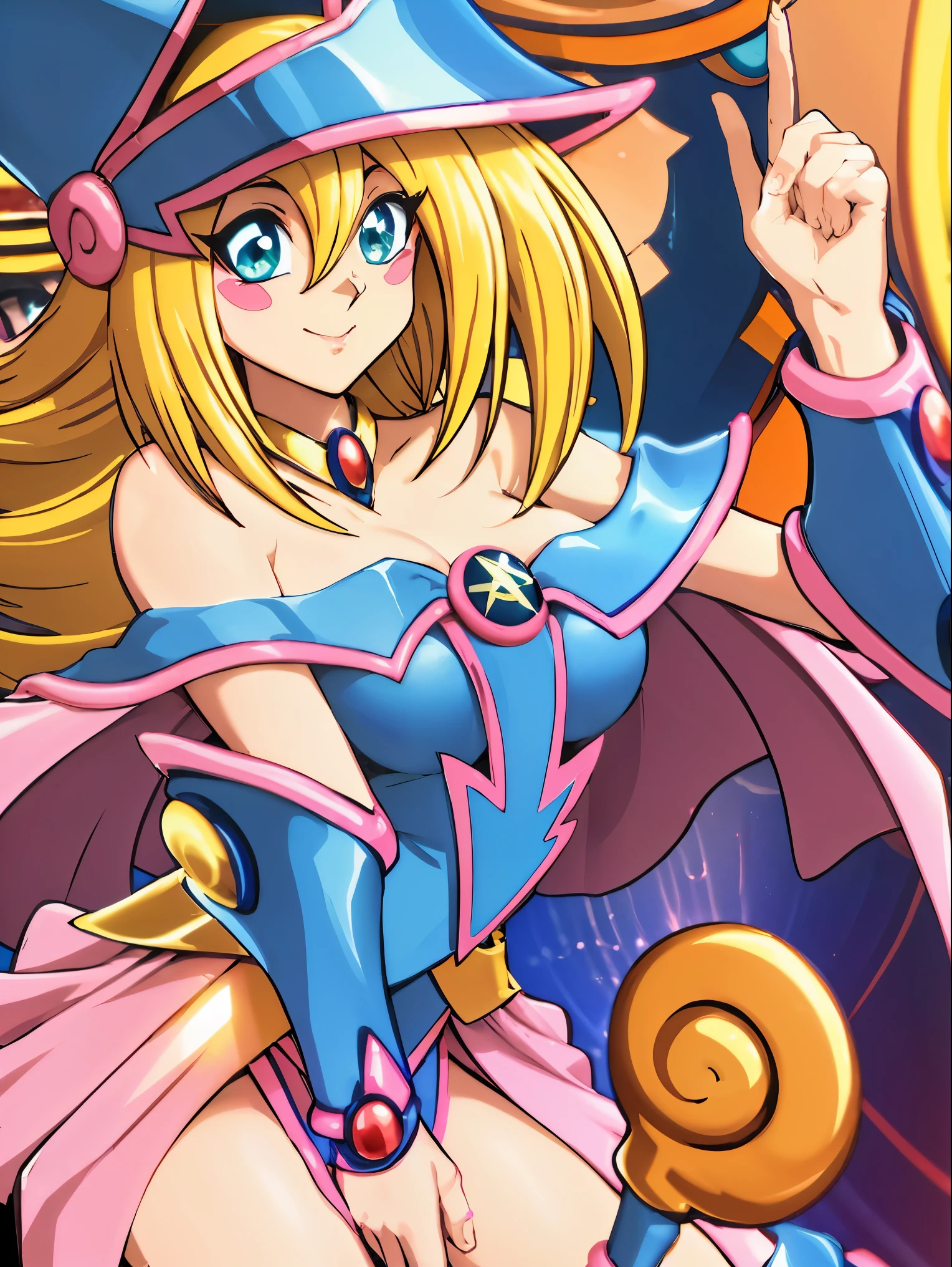 Dark magician gils. Leaving a magic circle. Magia de corazones en el aire. Pose sensual y inocente. Sonrisa de mona lisa. Happy, sonrisa 