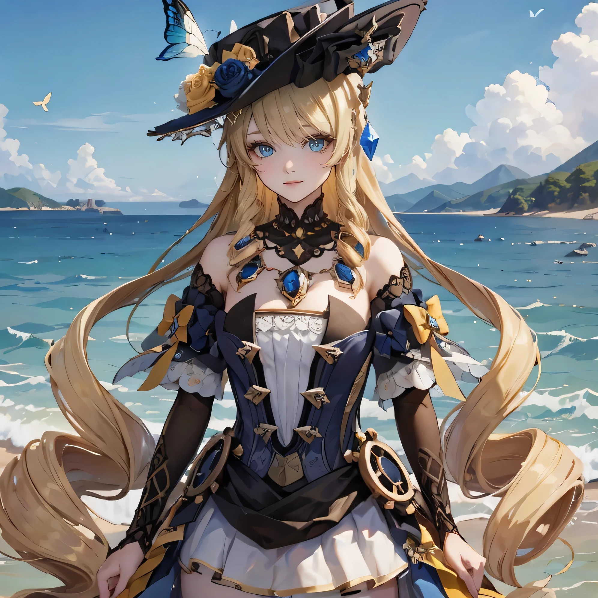 top quality,Navia against the background of the sea , body of water, Butterflies fly, hat flowers feather,Blue eyes, long hair , sweet look, Hands down, Necklace with blue stones,