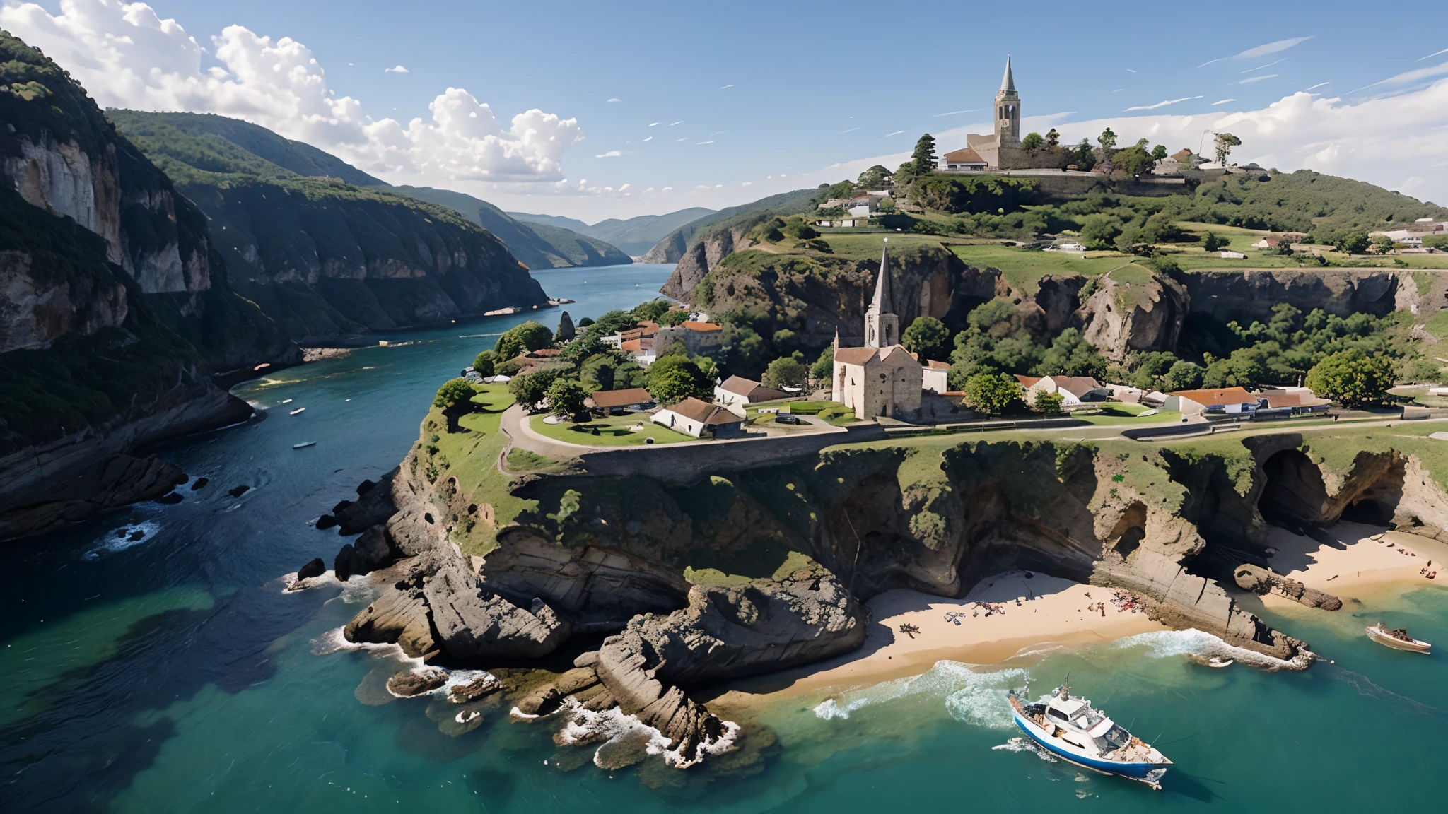 a small but tidy village in the rocks on the sea with a big church on the top, aerial view
