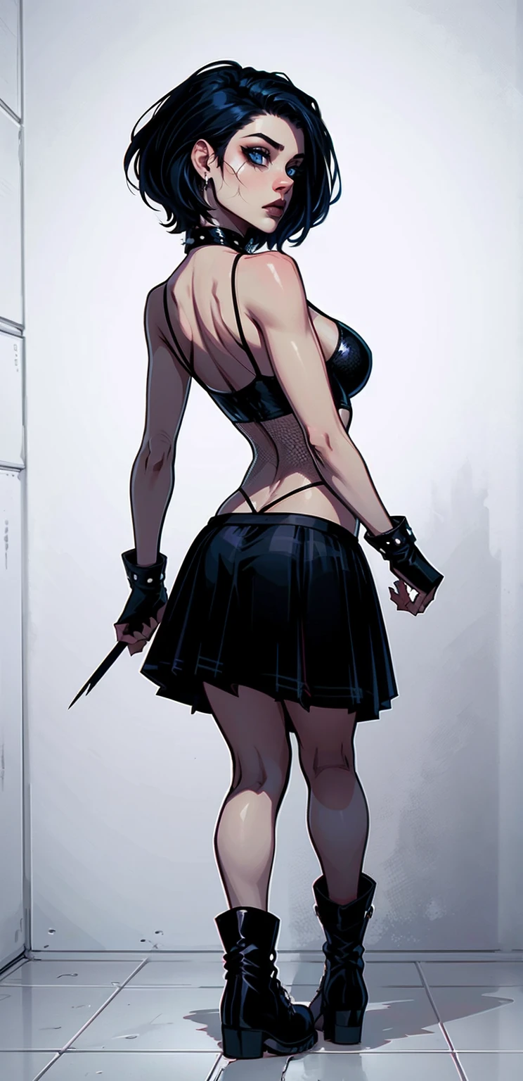 a woman with short black hair, hair on shoulders, wearing a black cropped and plaid skirt, blue eyes, zombie art, gothic art, cute aesthetic with vibe, toon aesthetic, wearing red costume, wearing gothic accessories, look like Cassie Hack, whole body, walking on the floor, backwards, looking back, holdilng a skull in her hands, black boots, white background