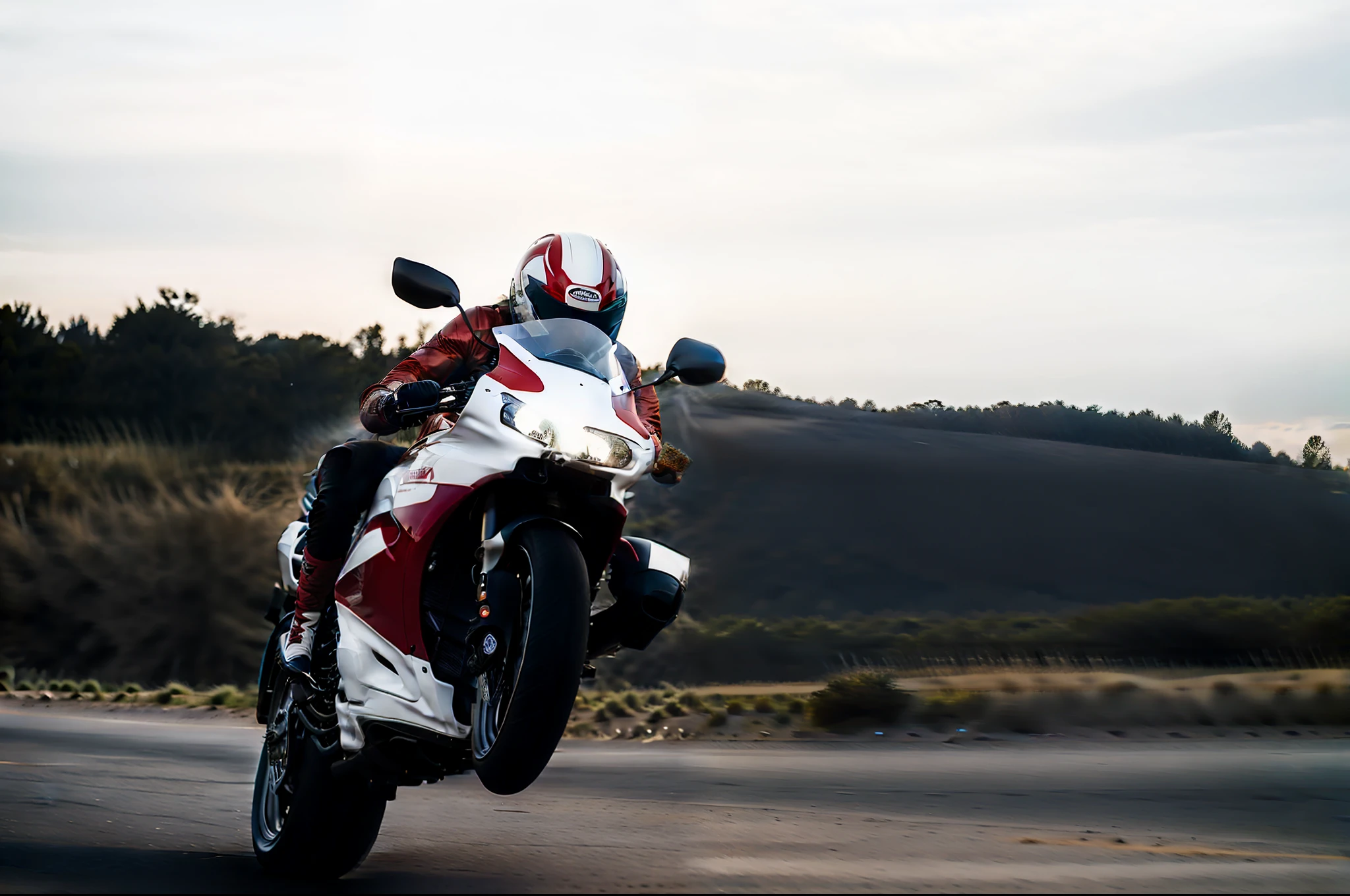 motorcycle rider in a white and red outfit riding on a road, wide shoot, kawasaki, wide screenshot, triumph, wideshot, panning shot, motorbike, wheelie, super wide, wide wide shot, motorcycles, speeding on motorcycle, wide angle dynamic action shot, motorbiker, motorcycle, inspiring, high speed action, crisp smooth lines, extreme wide shot, riding